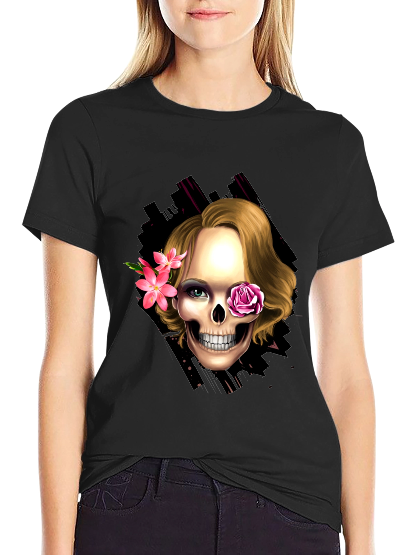 Skull & Flowers Graphic Tee - Trendy Halloween Style