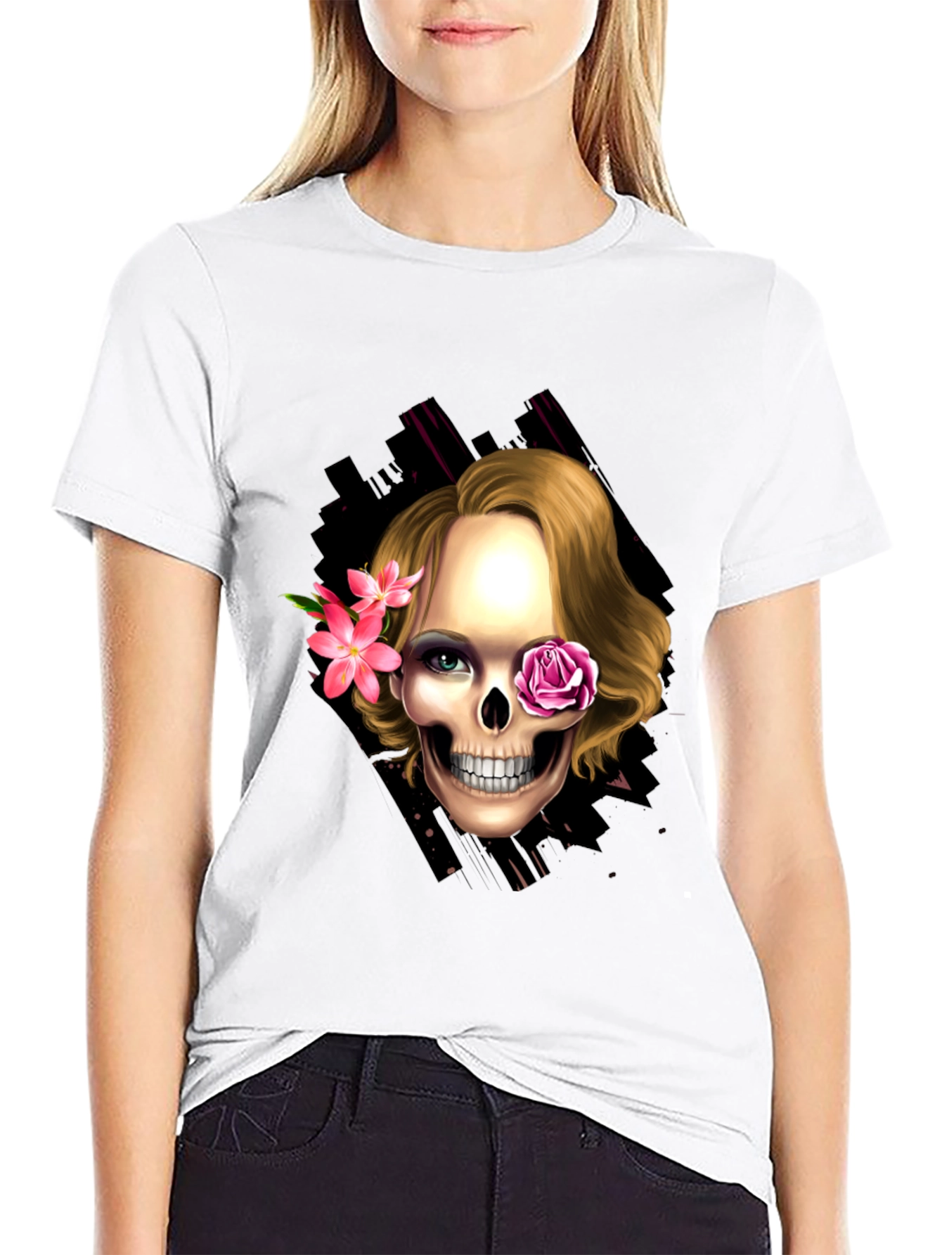 Skull & Flowers Graphic Tee - Trendy Halloween Style