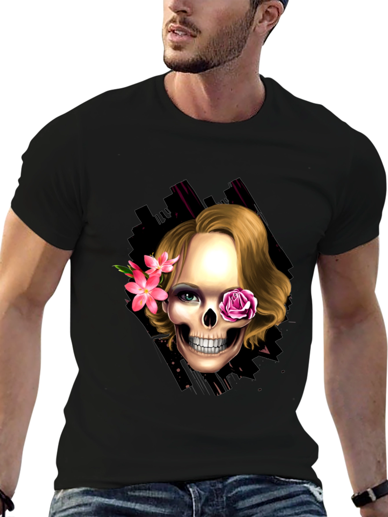 Skull & Flowers Graphic Tee - Trendy Halloween Style