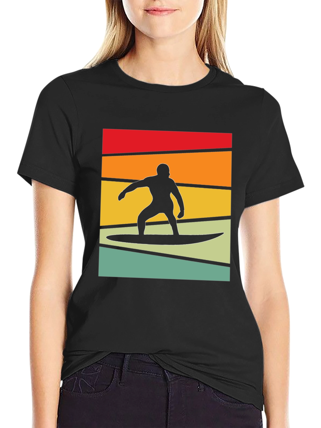Retro Surfer Graphic Tee - Black Cotton Blend T-Shirt
