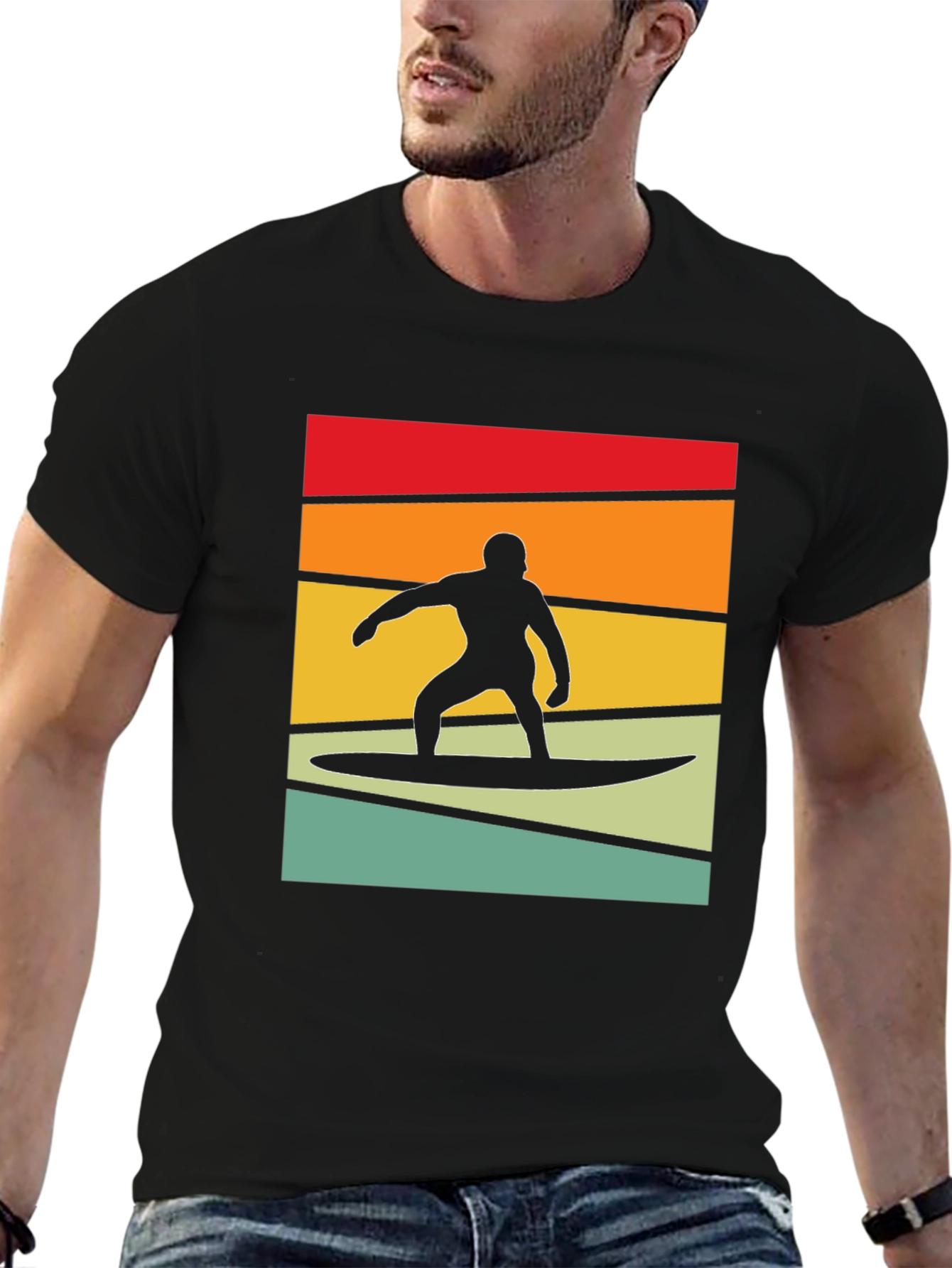 Retro Surfer Graphic Tee - Black Cotton Blend T-Shirt