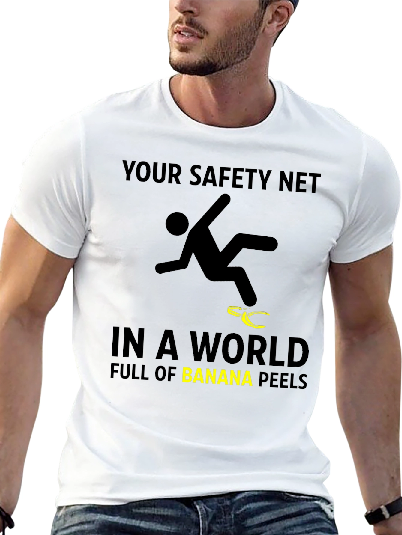Funny Safety Net Banana Peel Graphic T-Shirt
