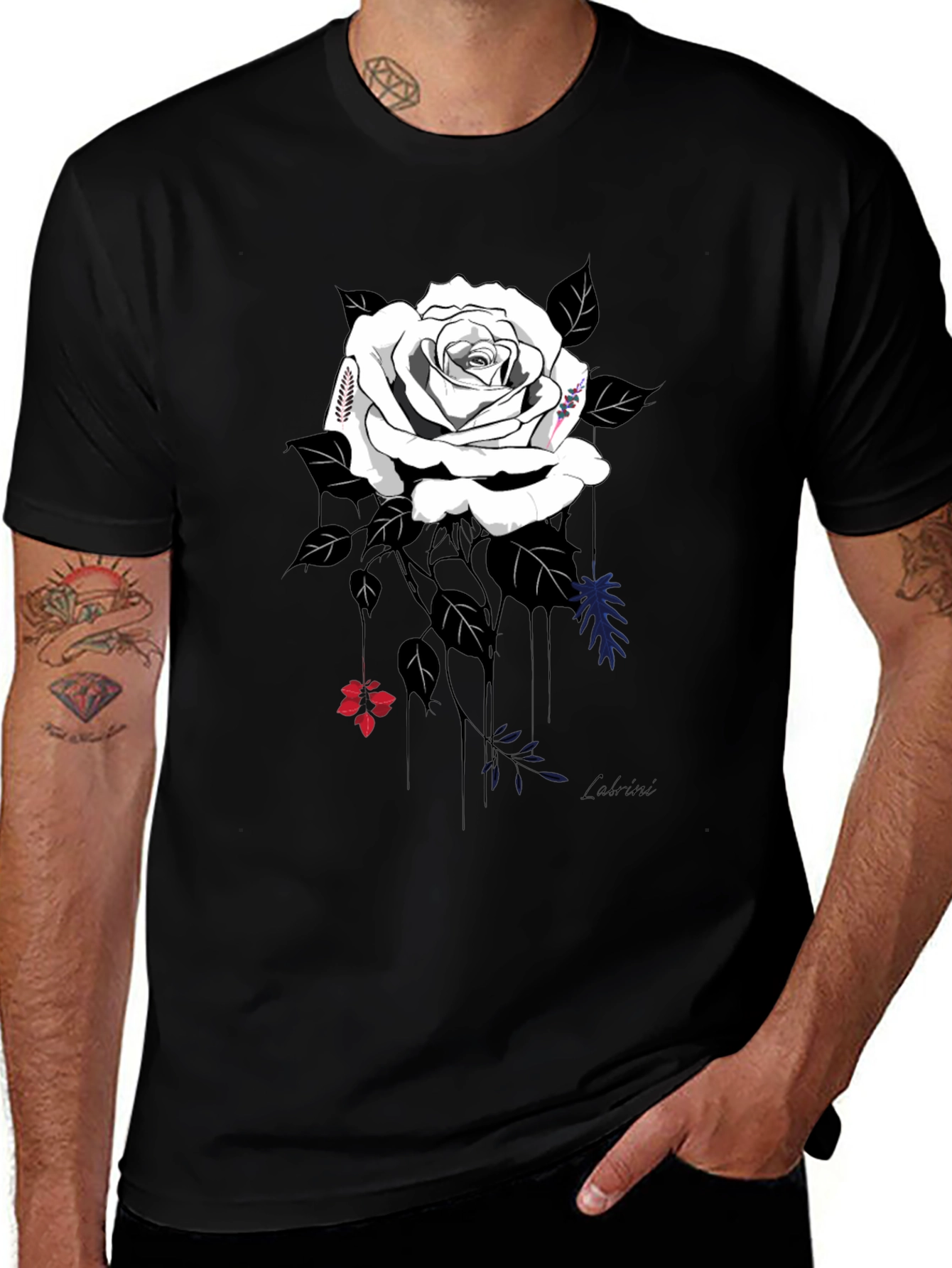 Elegant Rose Graphic Tee - Stylish Black Cotton Blend