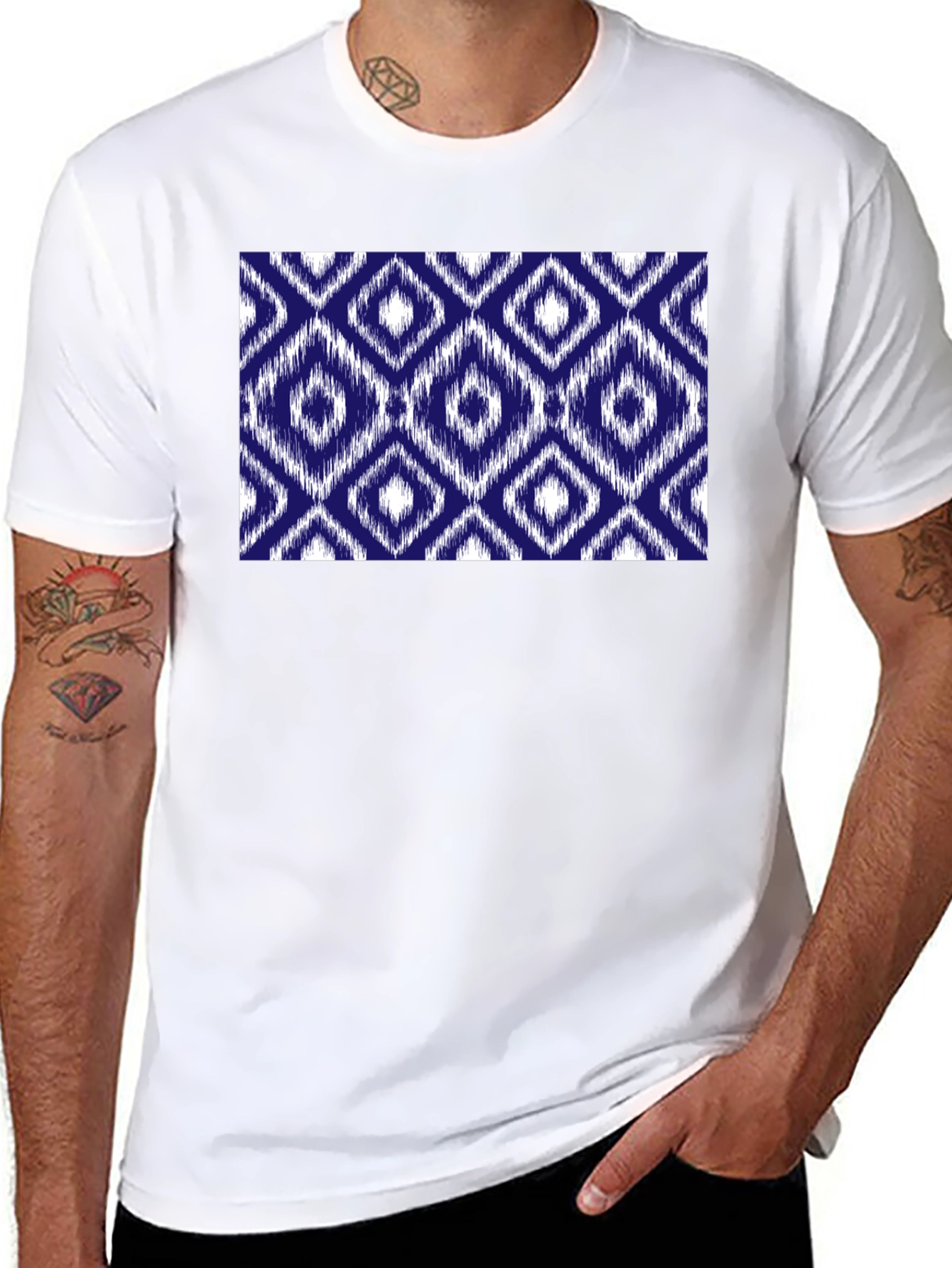 Stylish Black Tee with Blue Diamond Pattern