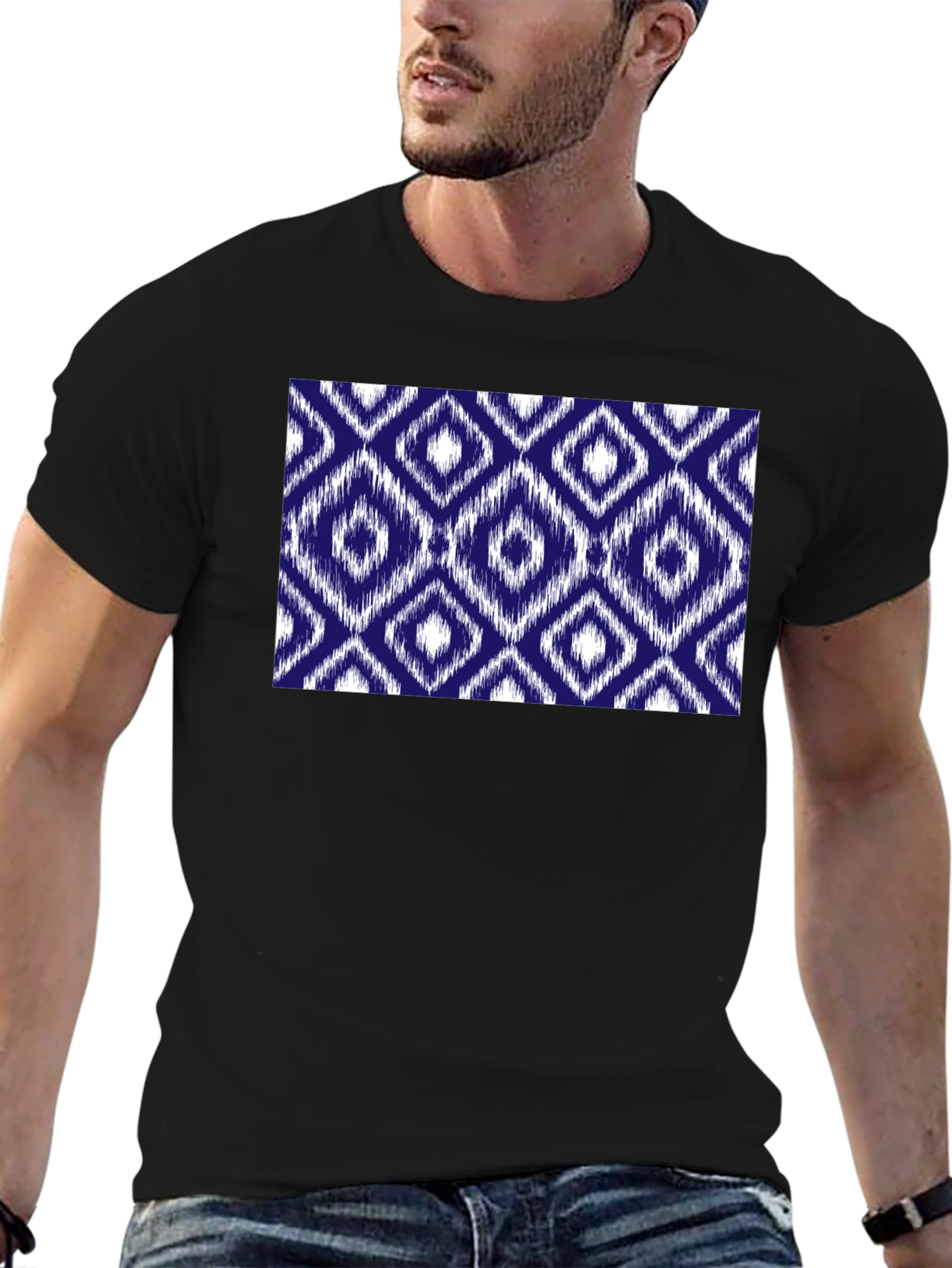 Stylish Black Tee with Blue Diamond Pattern