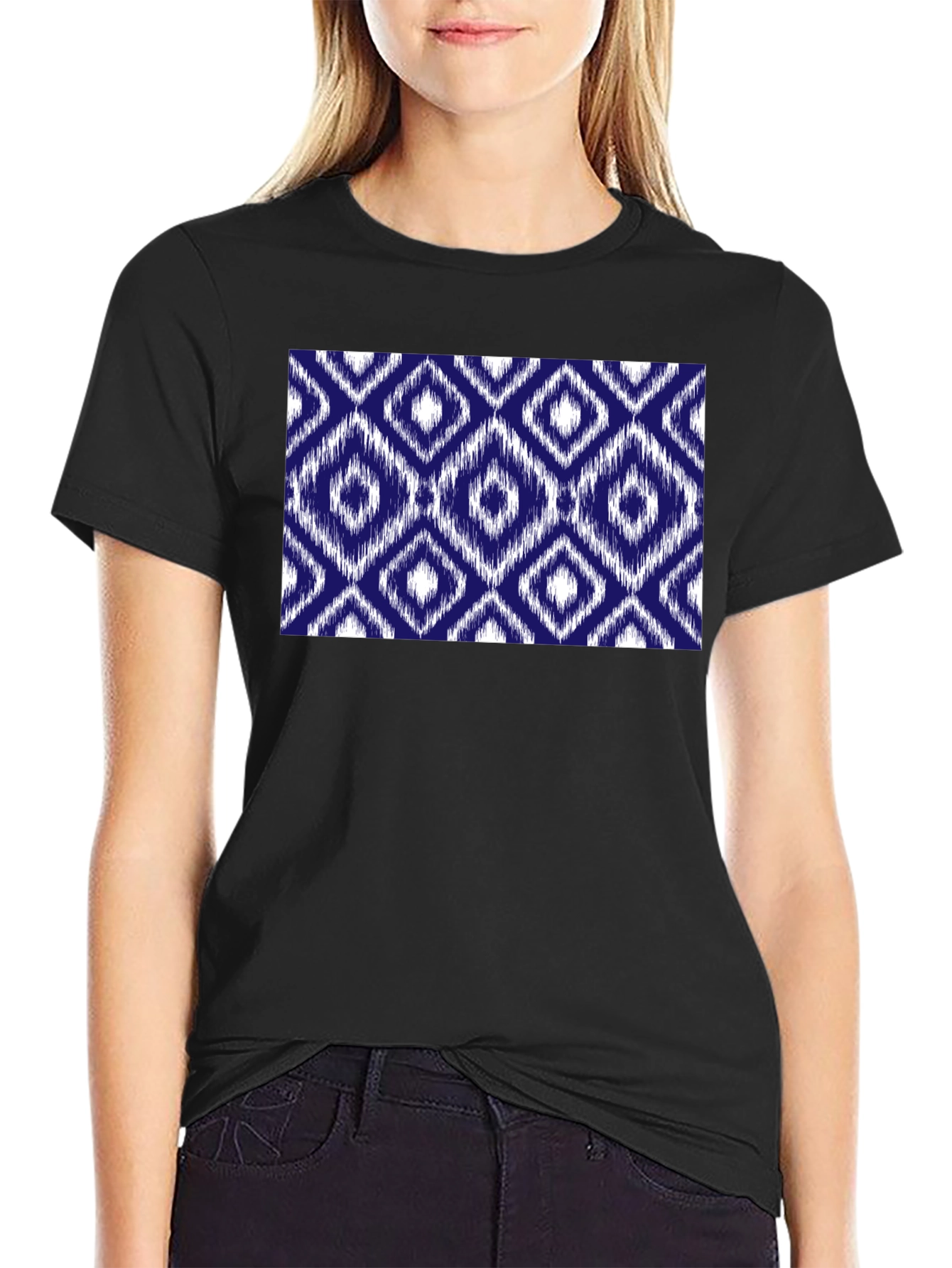 Stylish Black Tee with Blue Diamond Pattern