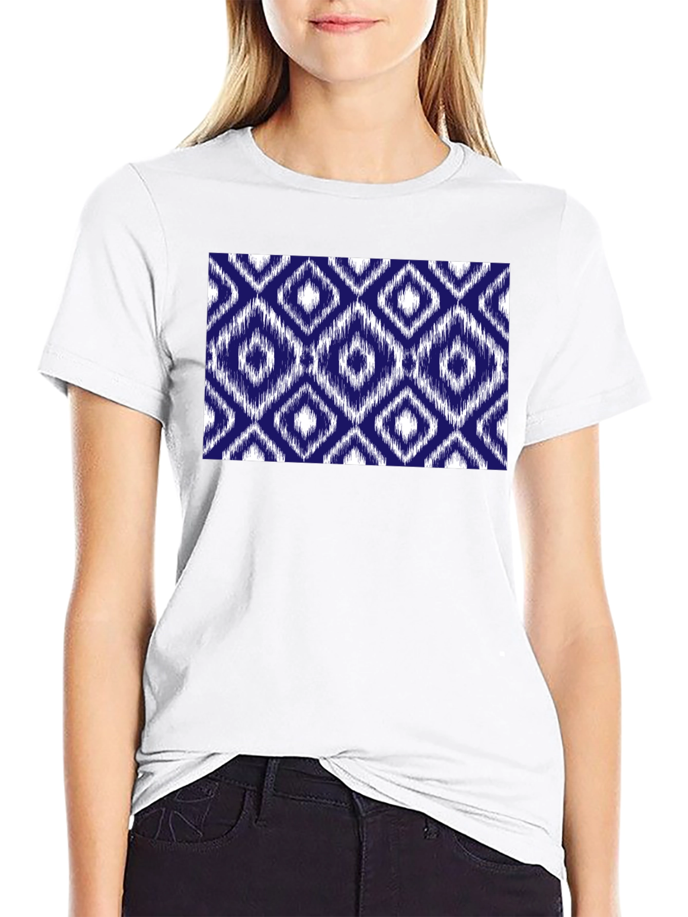 Stylish Black Tee with Blue Diamond Pattern