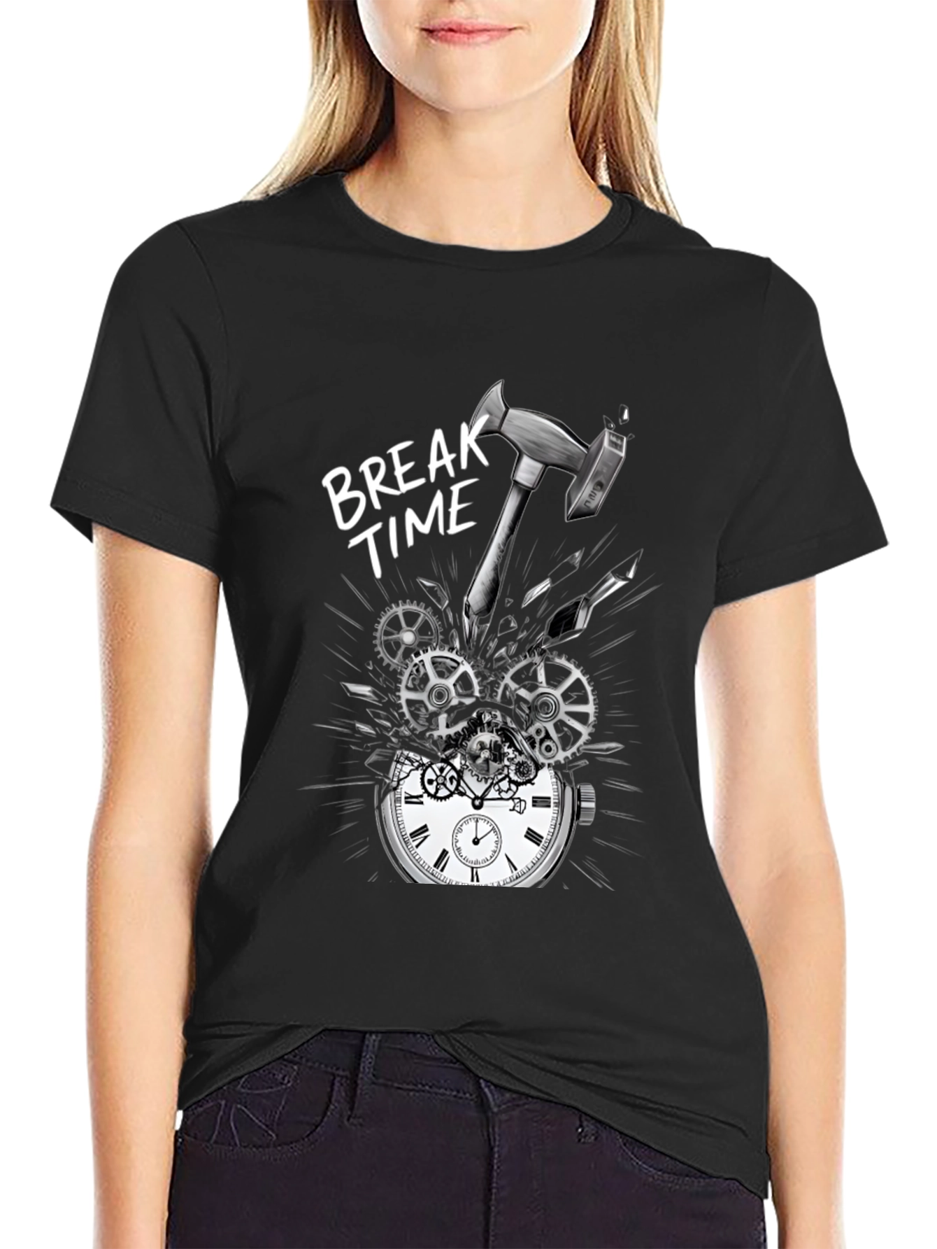 Break Time T-Shirt - Hammer Smashing Clock Gears Design