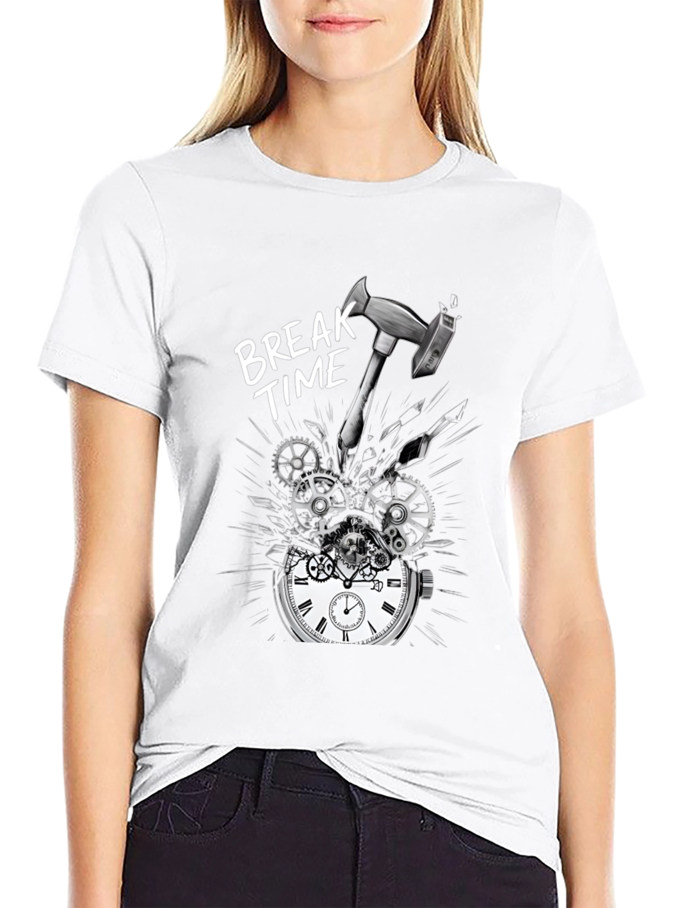 Break Time T-Shirt - Hammer Smashing Clock Gears Design