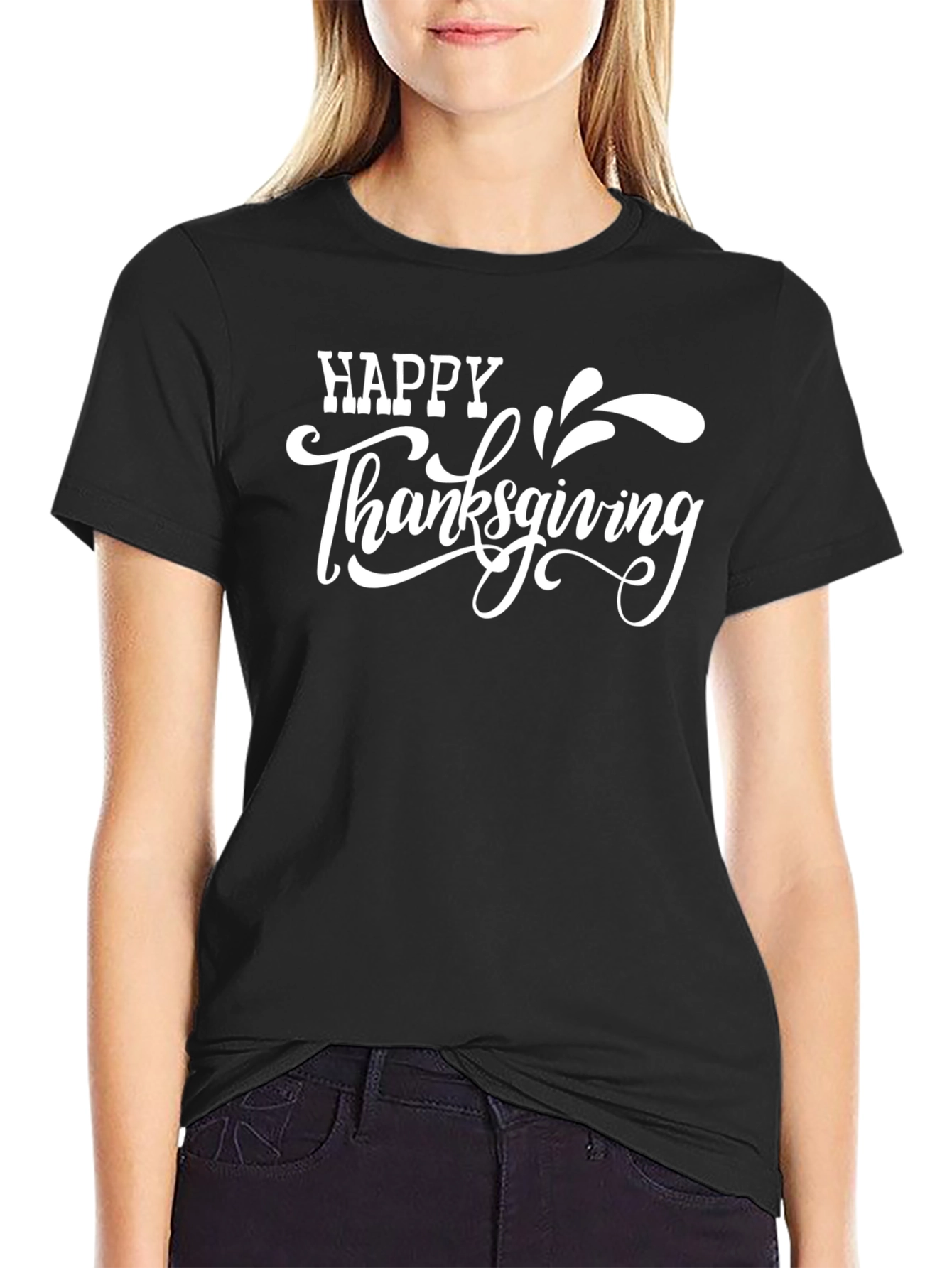 Happy Thanksgiving Graphic Tee - Black Casual T-Shirt