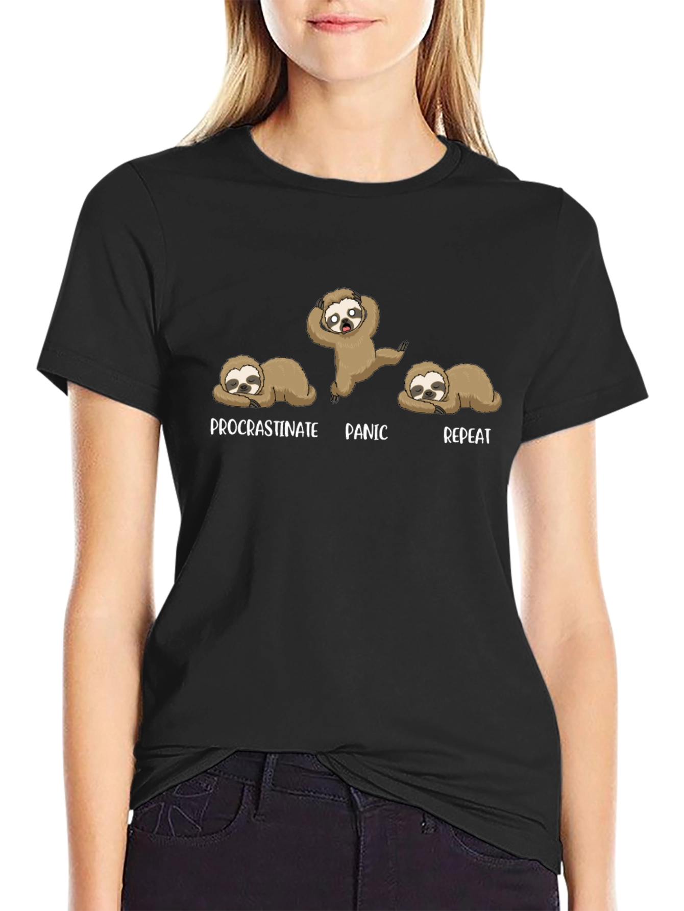 Procrastinate Panic Repeat Sloth Graphic T-Shirt