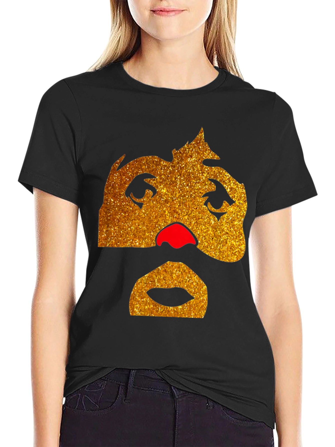 Funny Glitter Face Graphic Tee - Black