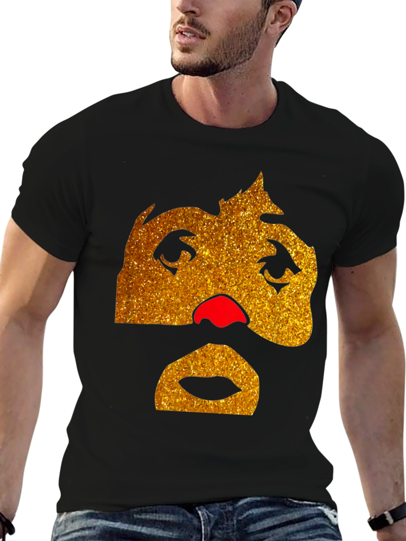 Funny Glitter Face Graphic Tee - Black