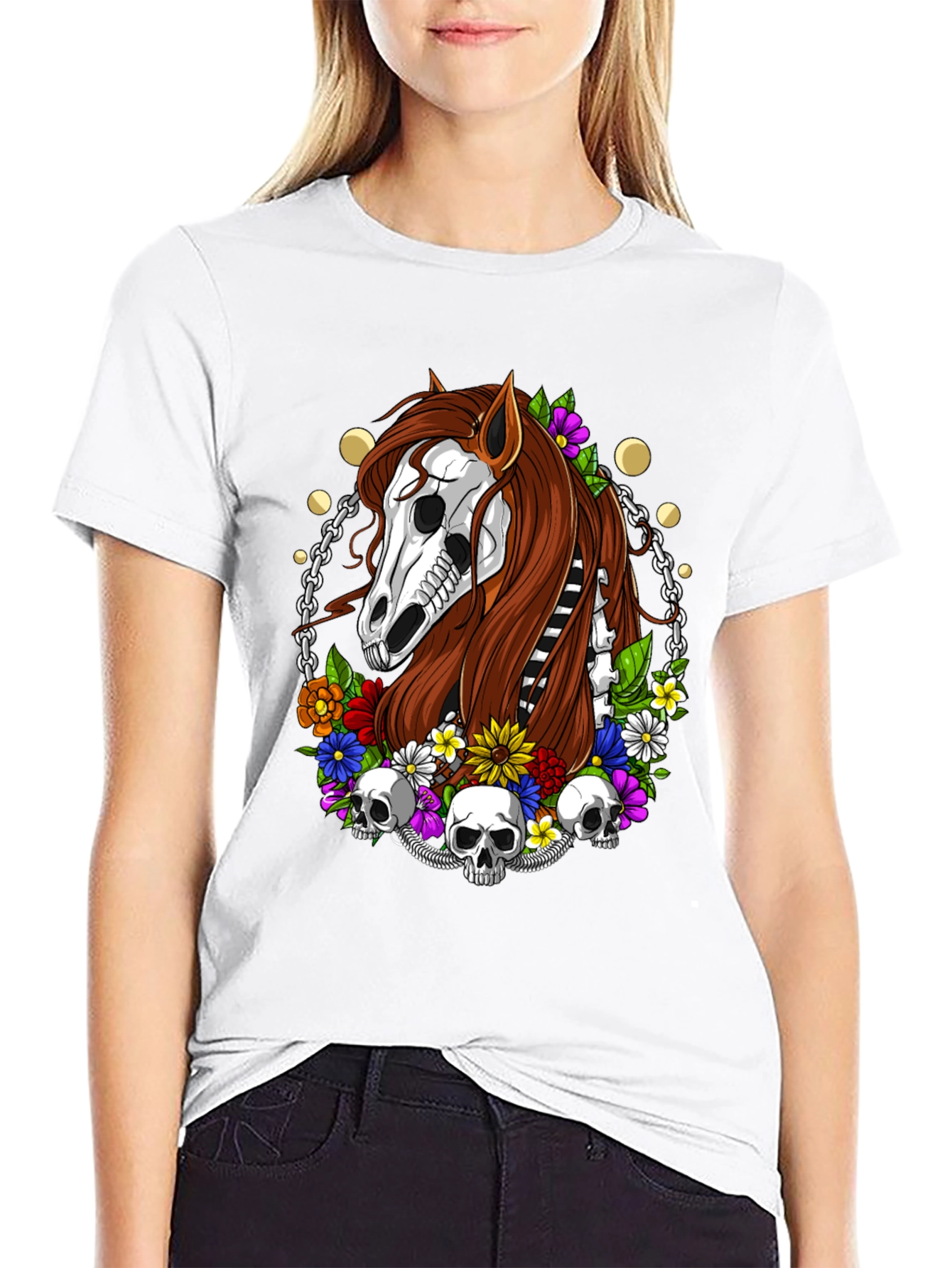 Floral Horse Skeleton Graphic T-Shirt - Black