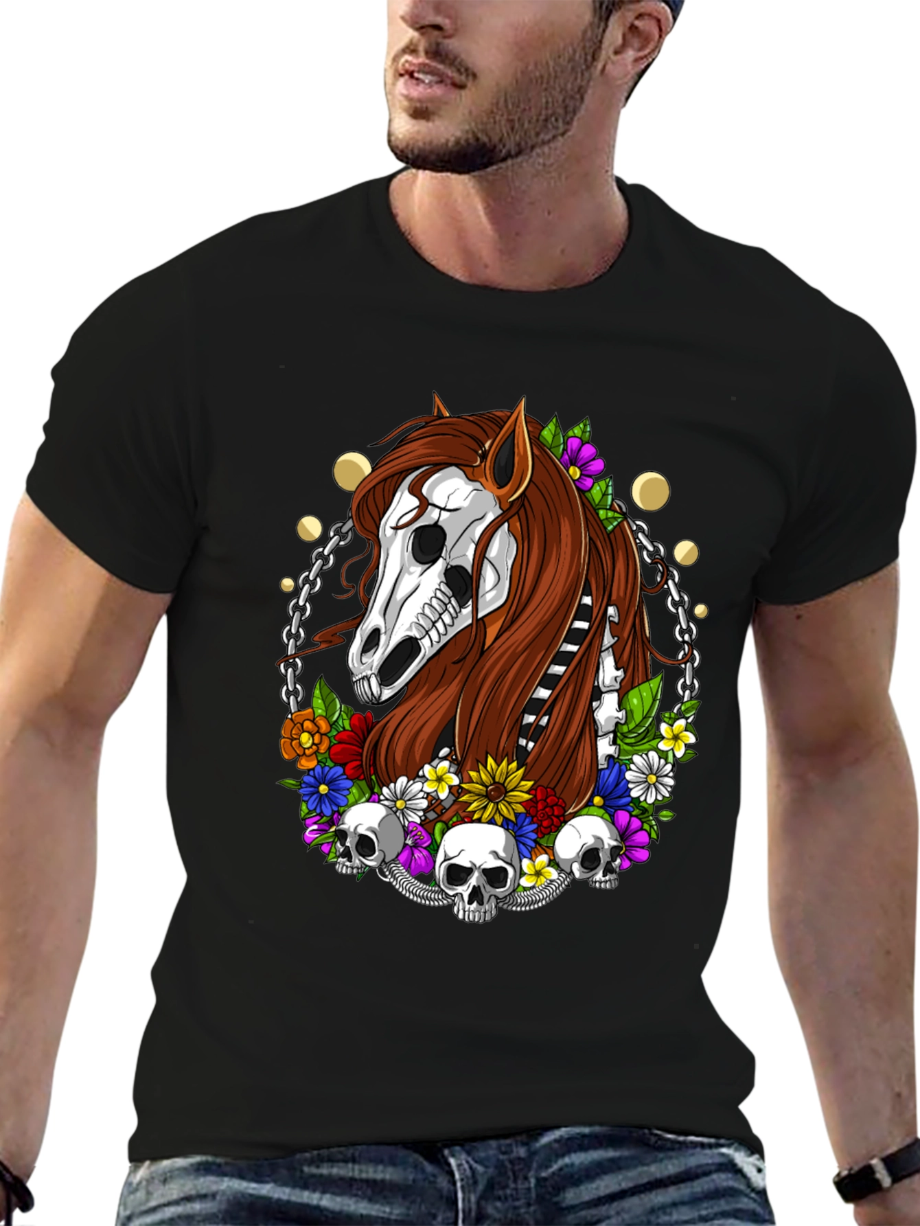 Floral Horse Skeleton Graphic T-Shirt - Black