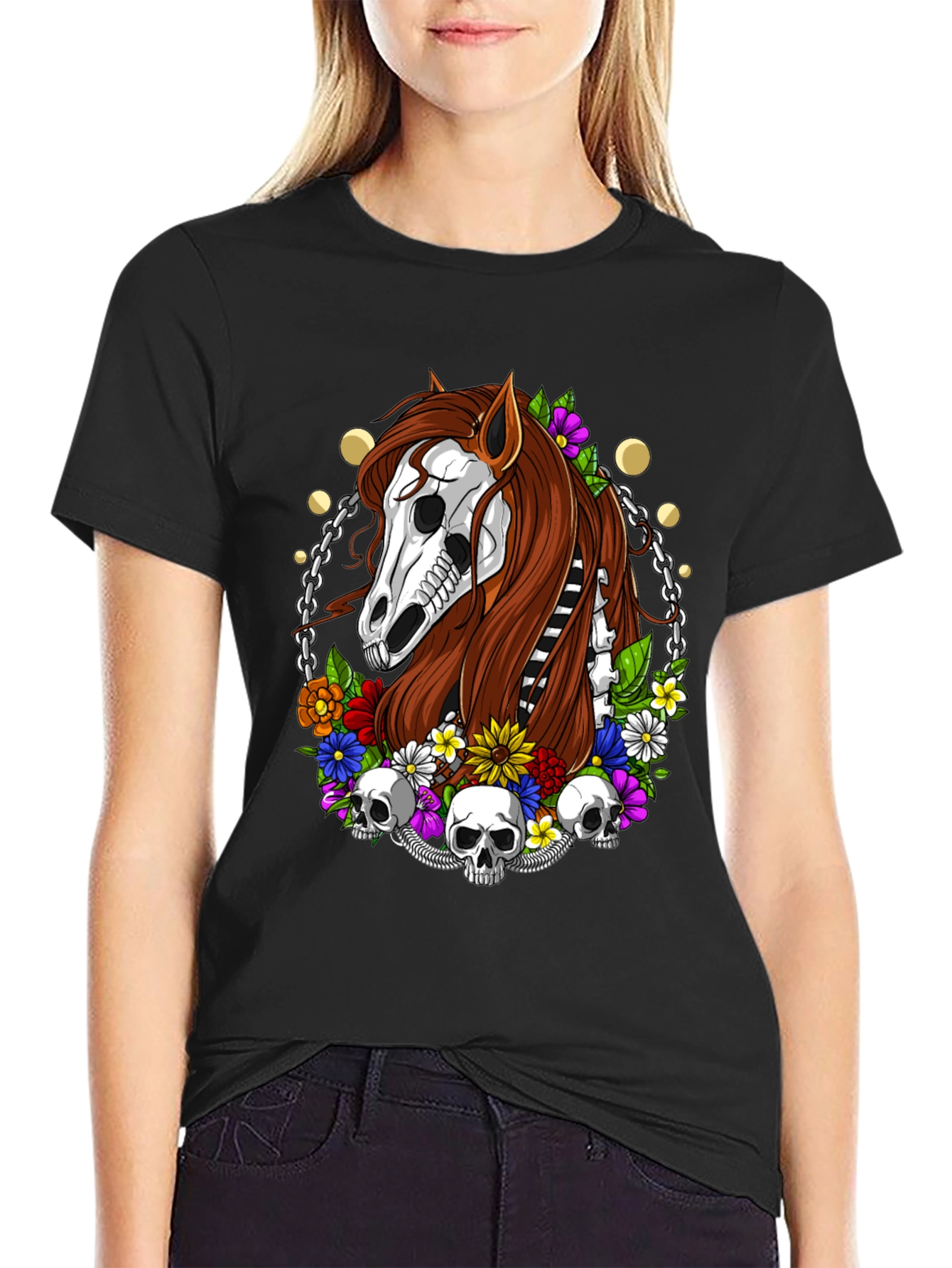 Floral Horse Skeleton Graphic T-Shirt - Black