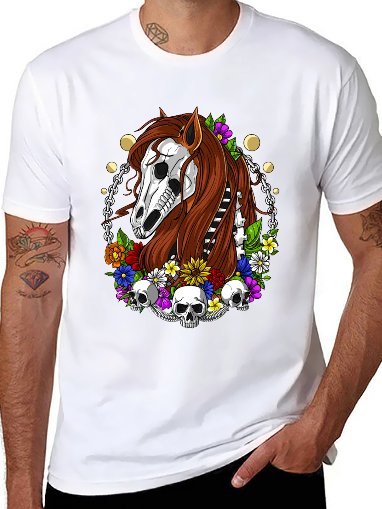 Floral Horse Skeleton Graphic T-Shirt - Black
