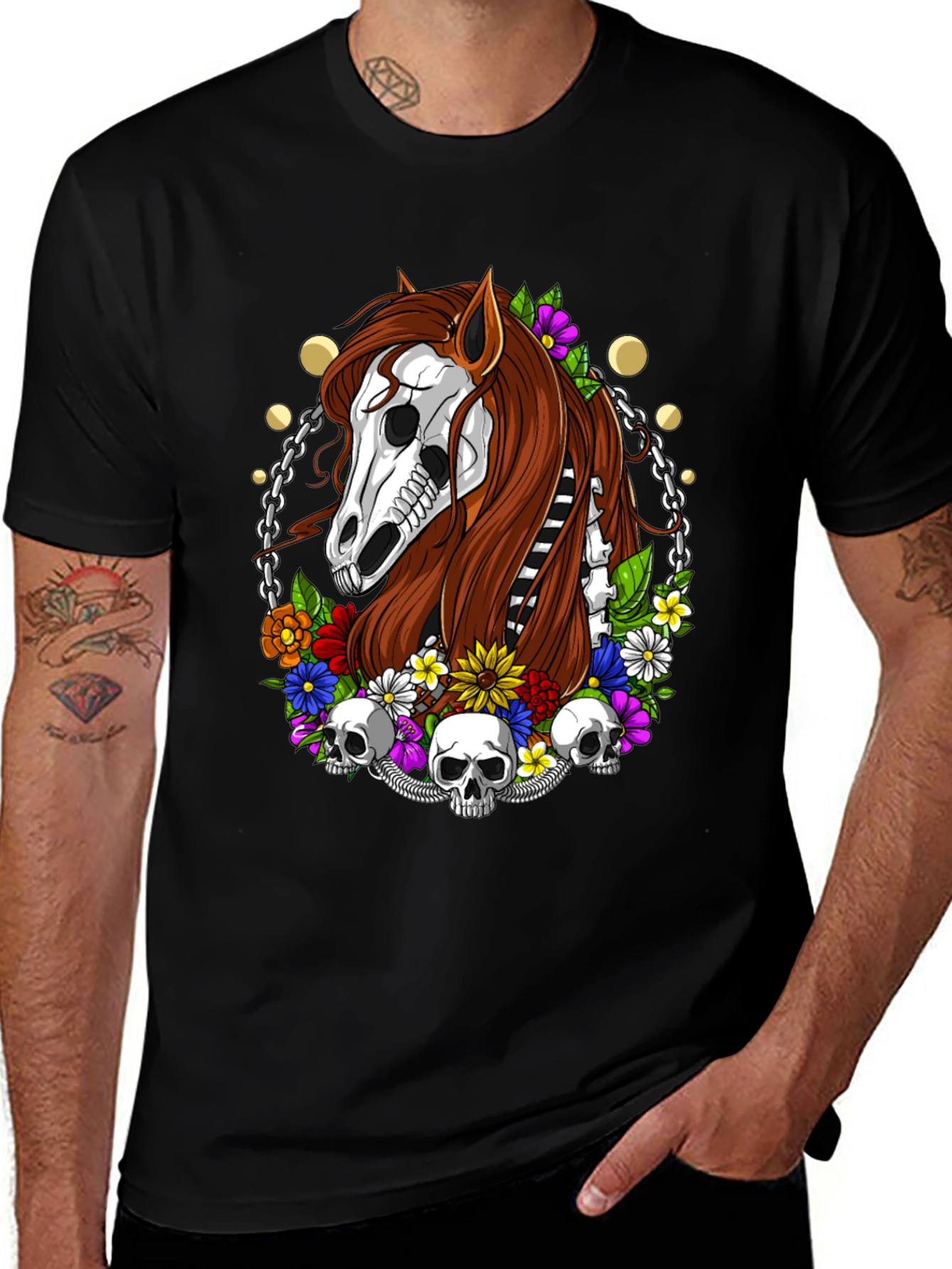Floral Horse Skeleton Graphic T-Shirt - Black