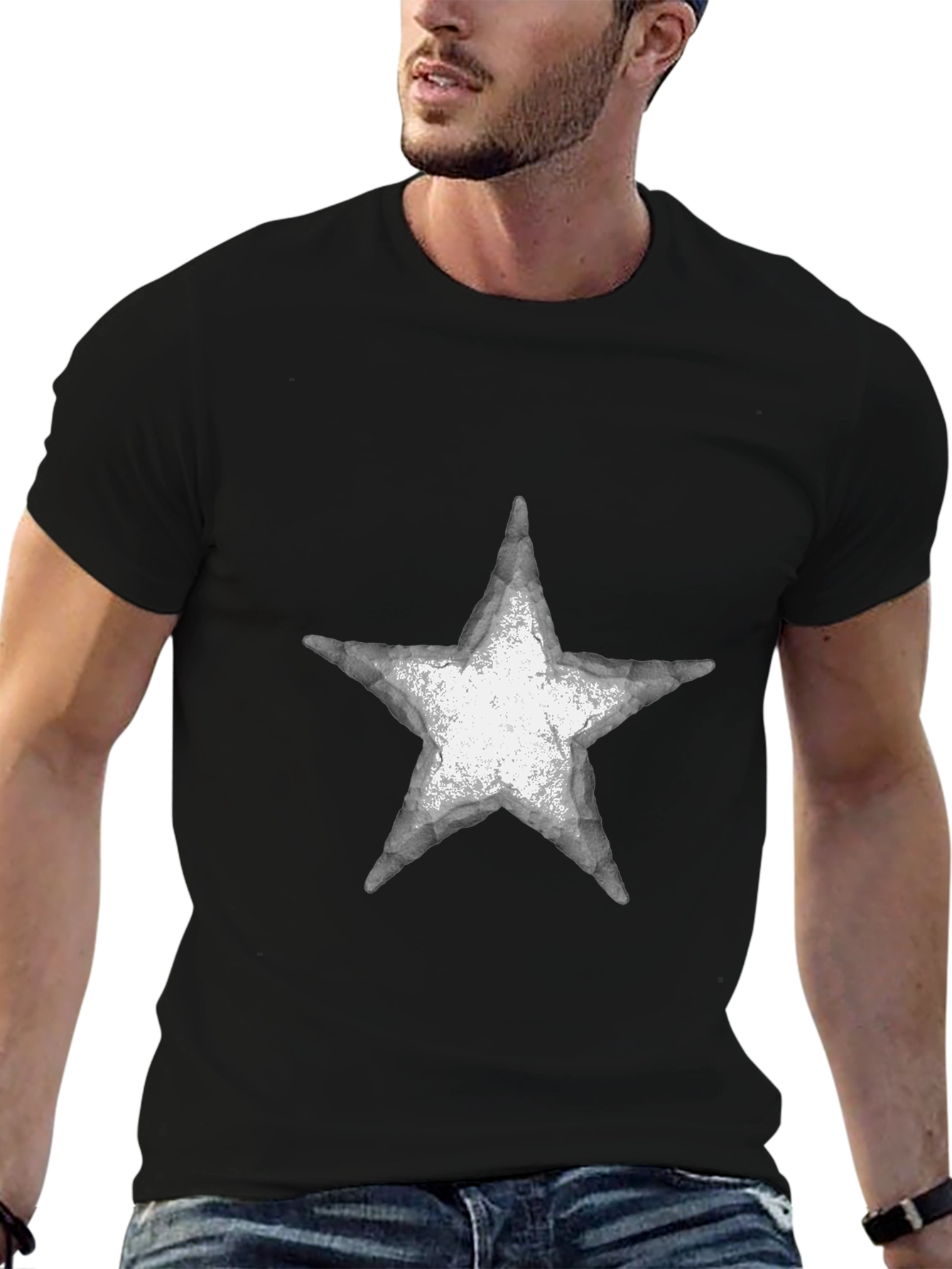 Distressed Star Graphic Tee - Casual Black T-Shirt