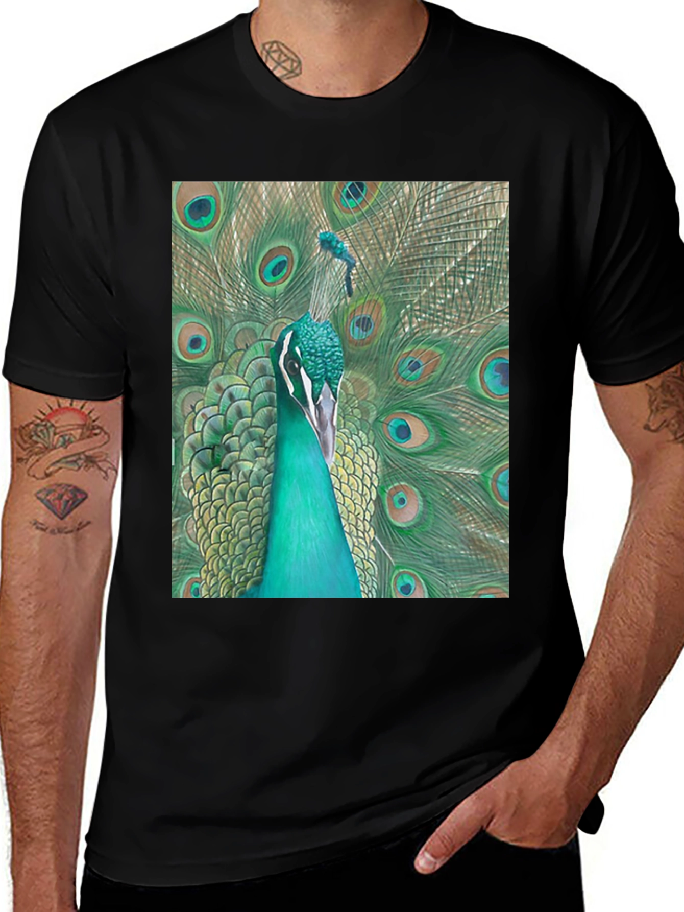 Peacock Graphic Tee - Stylish Mens Black T-Shirt