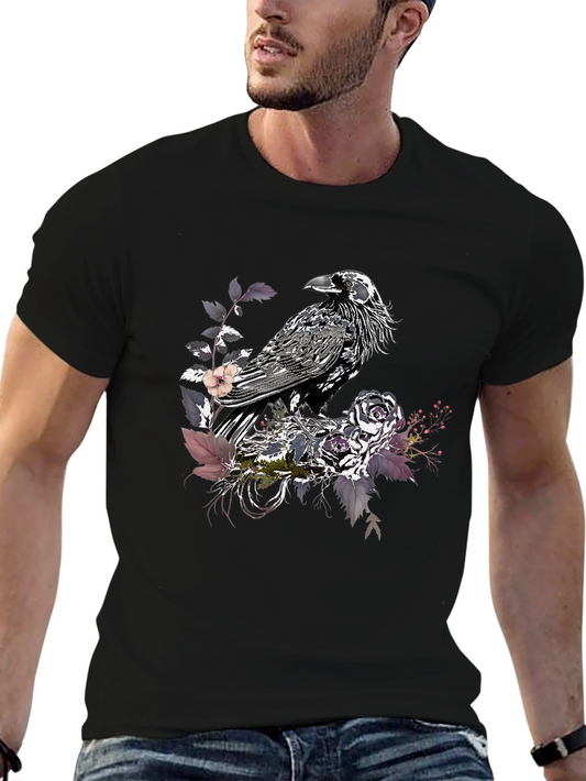 Raven & Floral Graphic T-Shirt - Dark Gothic Style