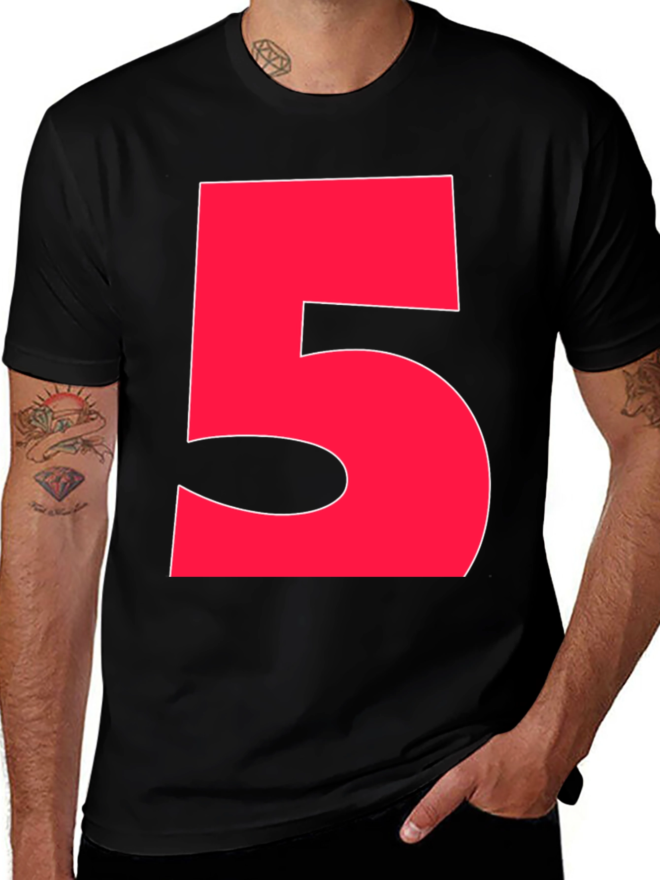 Bold Red Number 5 Graphic Tee - Black