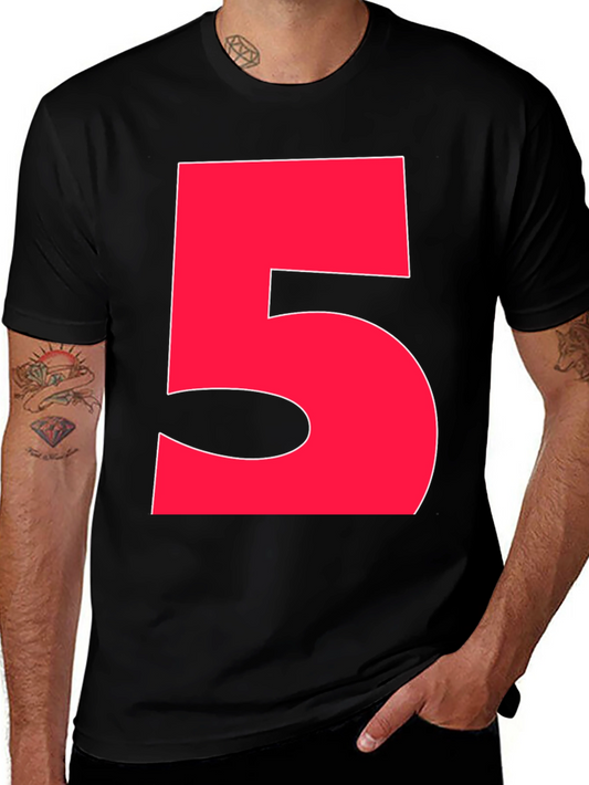 Bold Red Number 5 Graphic Tee - Black