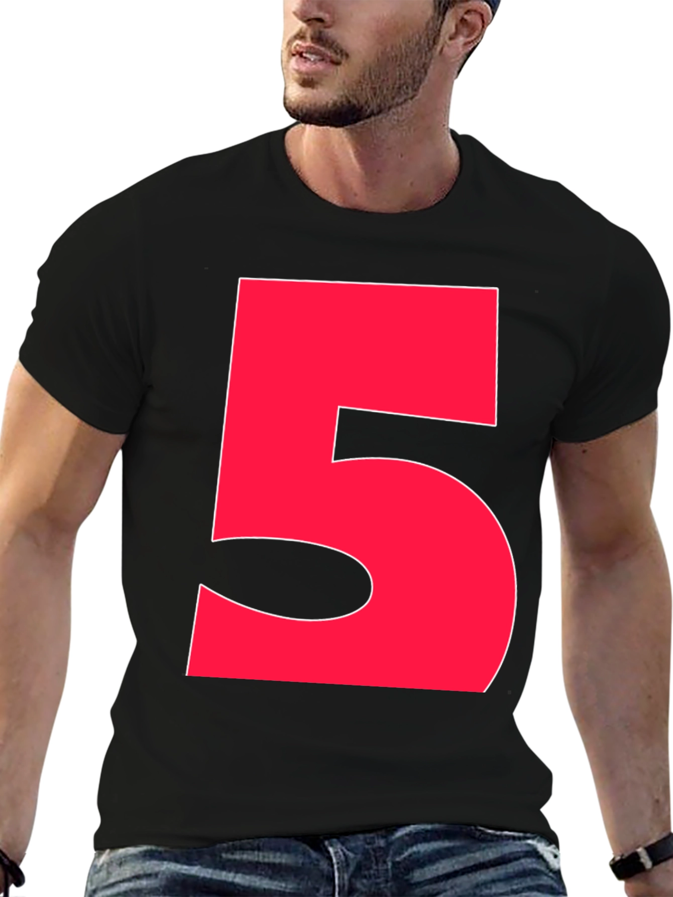 Bold Red Number 5 Graphic Tee - Black