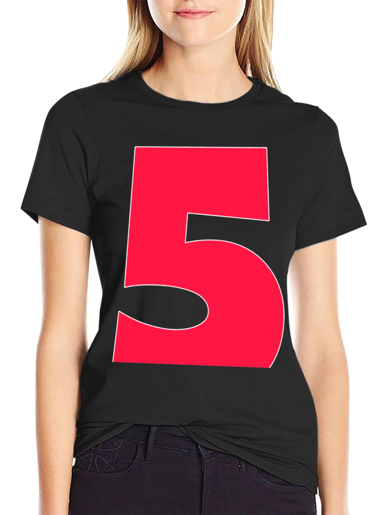 Bold Red Number 5 Graphic Tee - Black