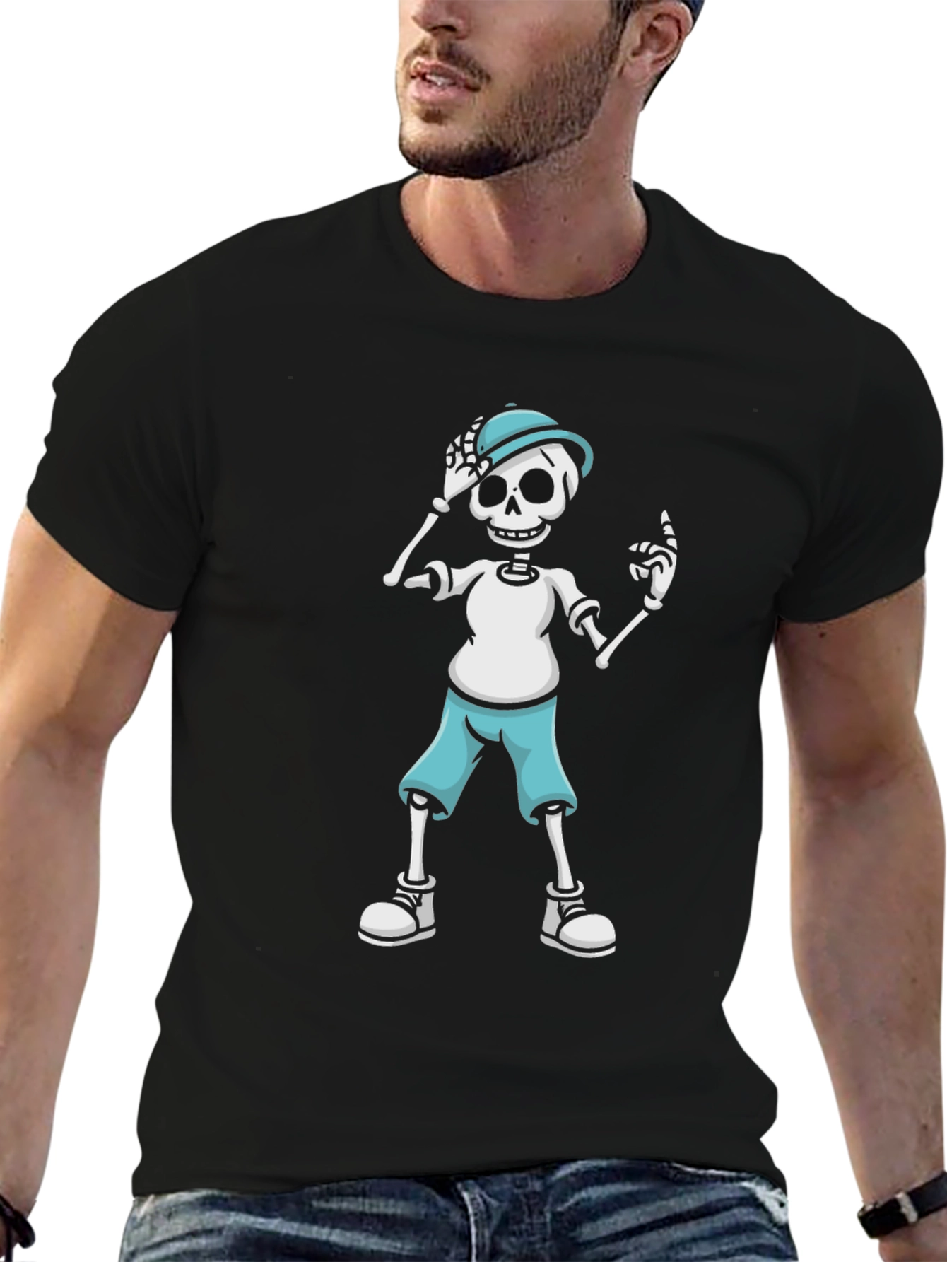 Skeleton Cartoon Graphic Print Black T-Shirt