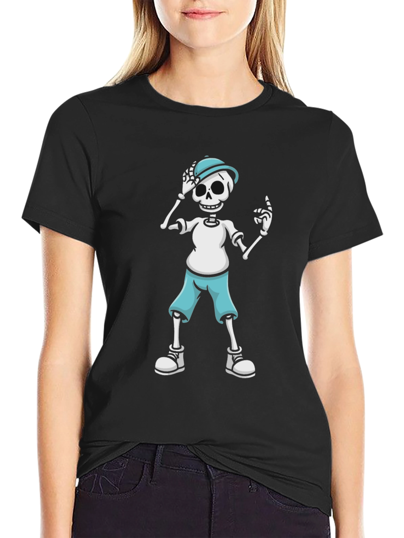 Skeleton Cartoon Graphic Print Black T-Shirt
