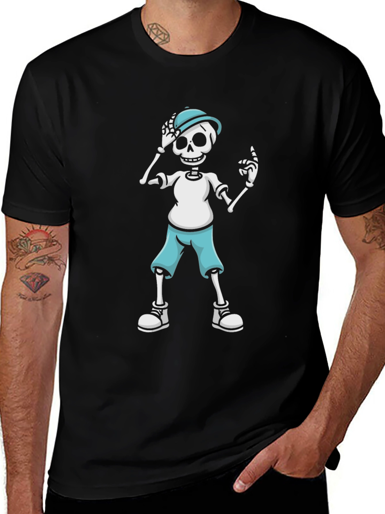 Skeleton Cartoon Graphic Print Black T-Shirt