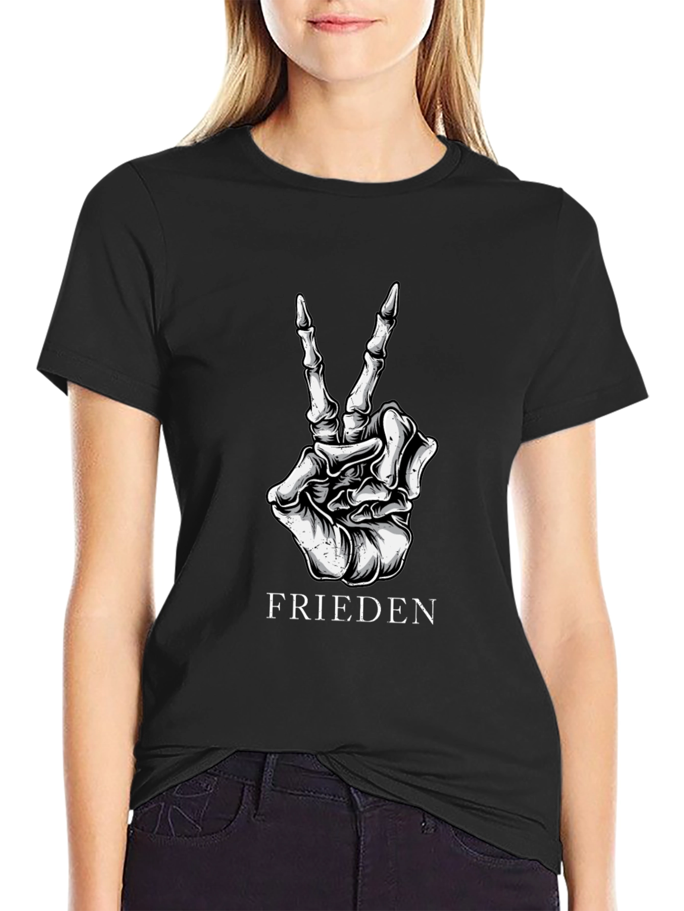 Frieden Peace Skeleton Hand Black Graphic T-Shirt