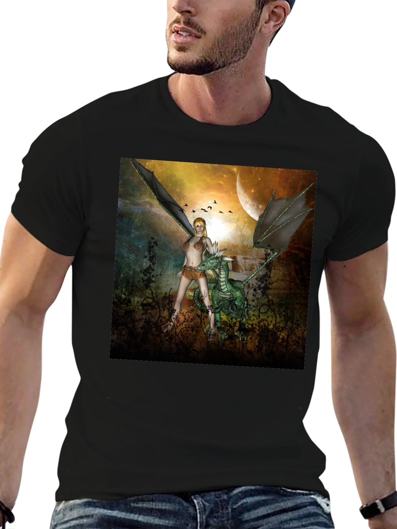 Fantasy Dragon & Warrior Graphic Tee