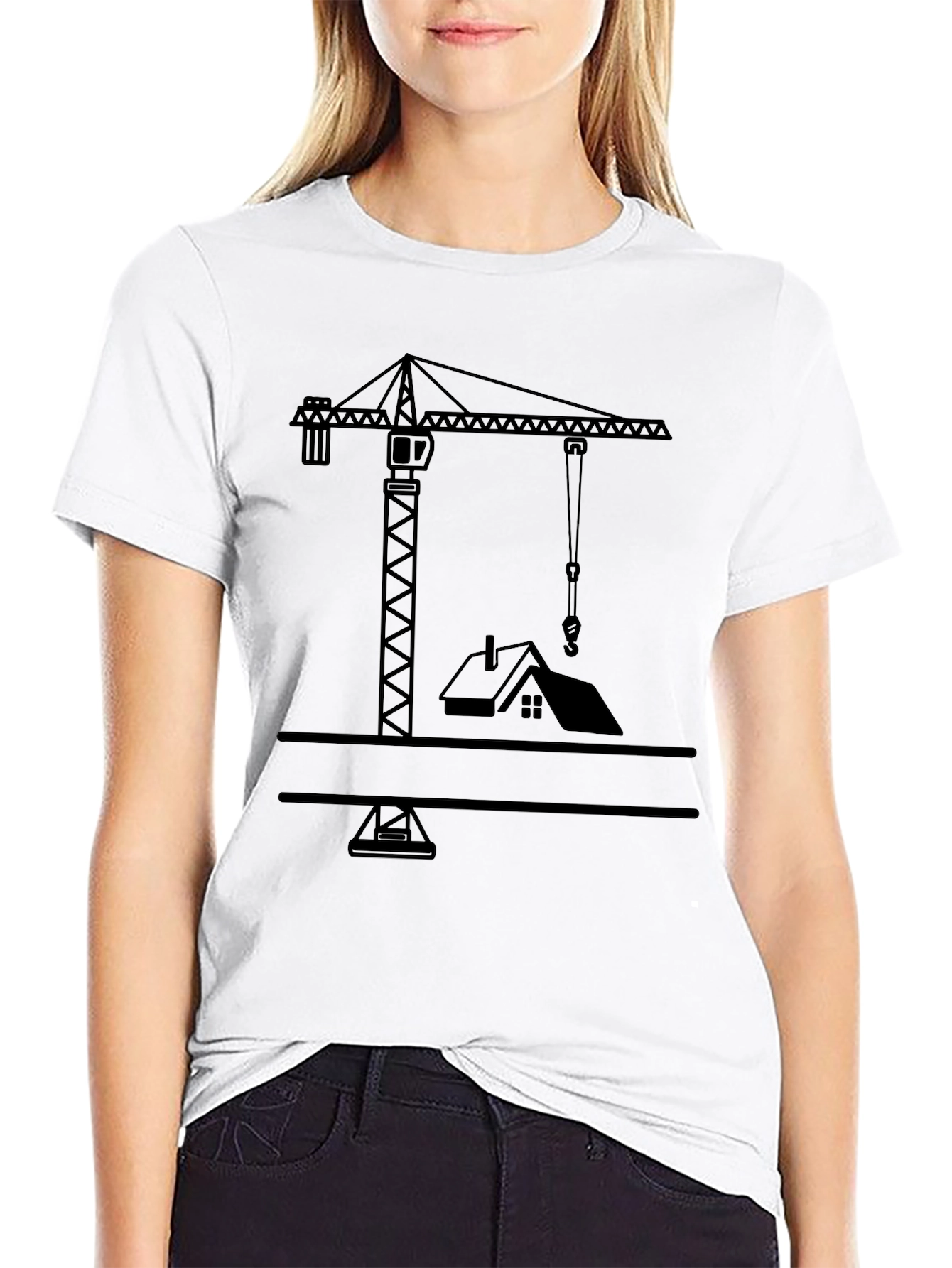 Construction Crane Graphic Tee - Black Cotton Shirt