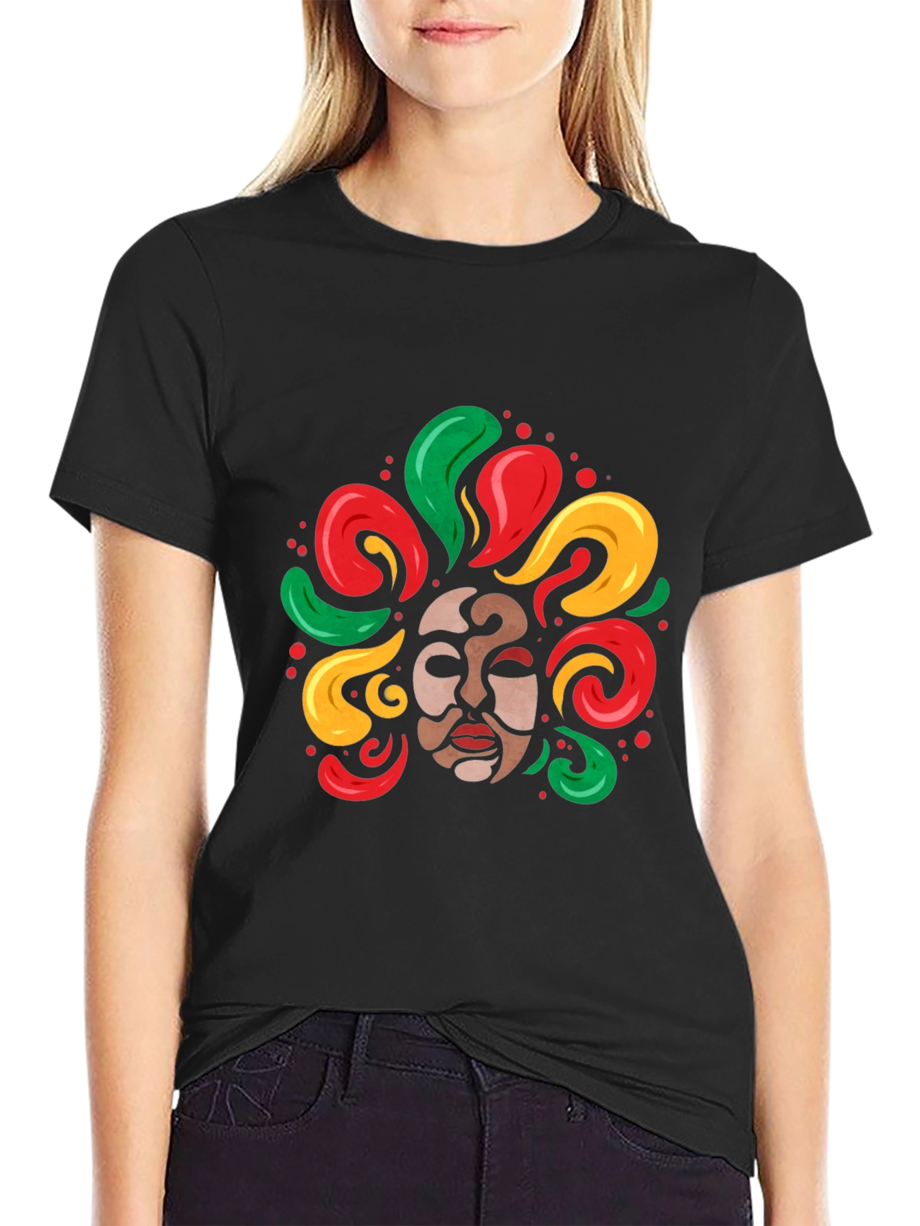 Cultural Mask Graphic Tee - Vibrant Art Shirt