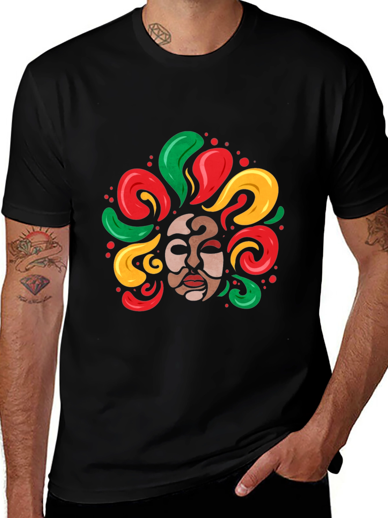 Cultural Mask Graphic Tee - Vibrant Art Shirt