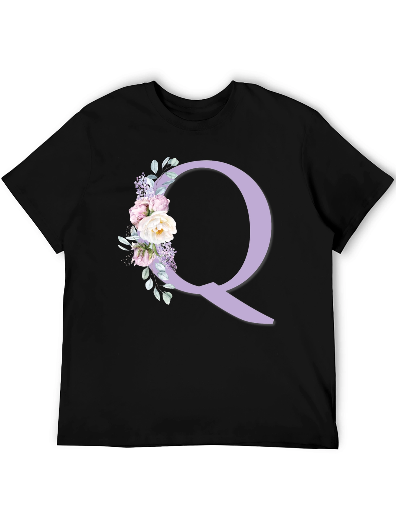Floral Letter Q Black T-Shirt