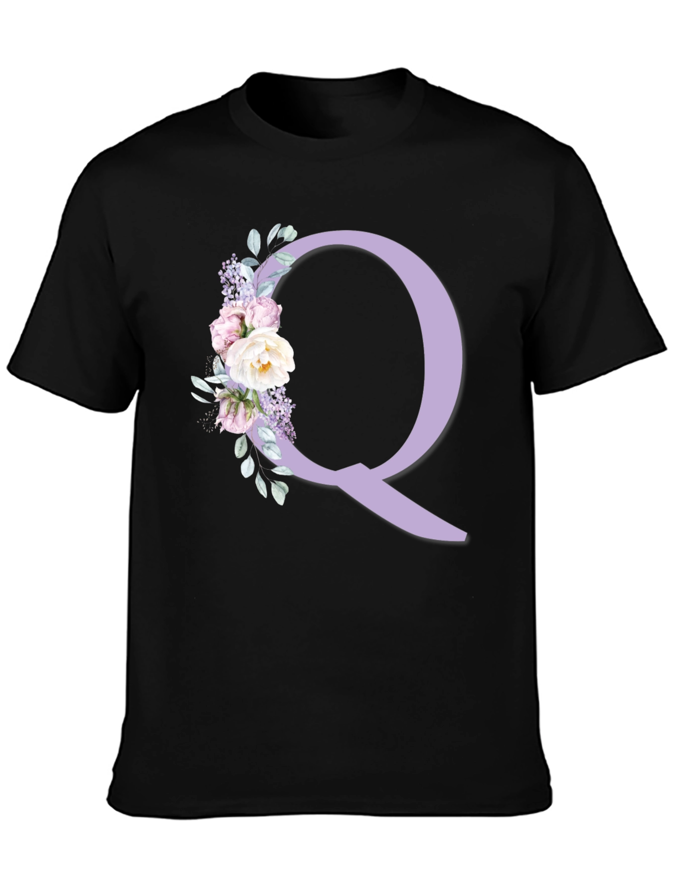 Floral Letter Q Black T-Shirt
