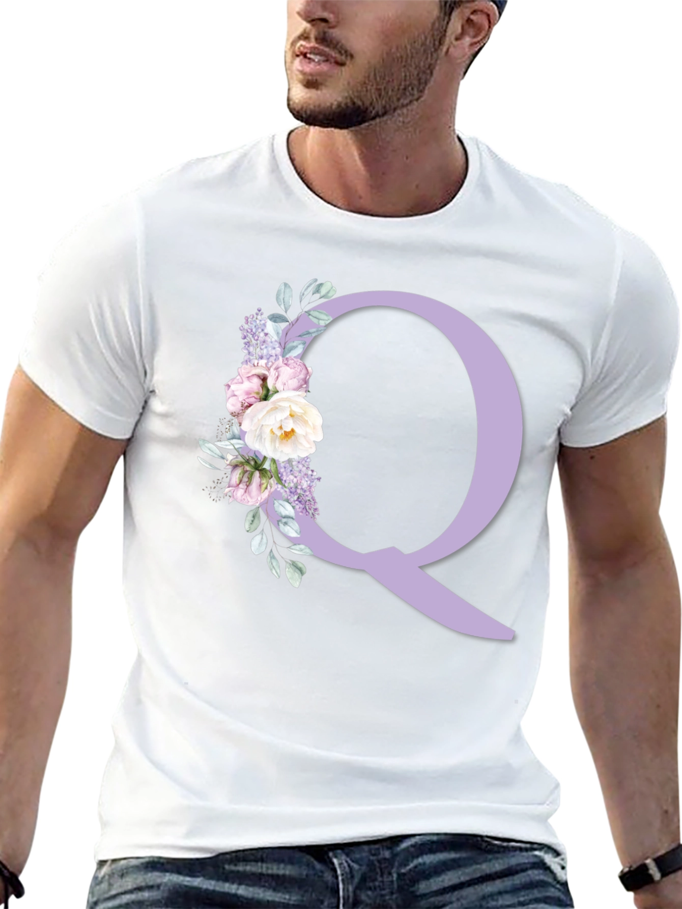 Floral Letter Q Black T-Shirt