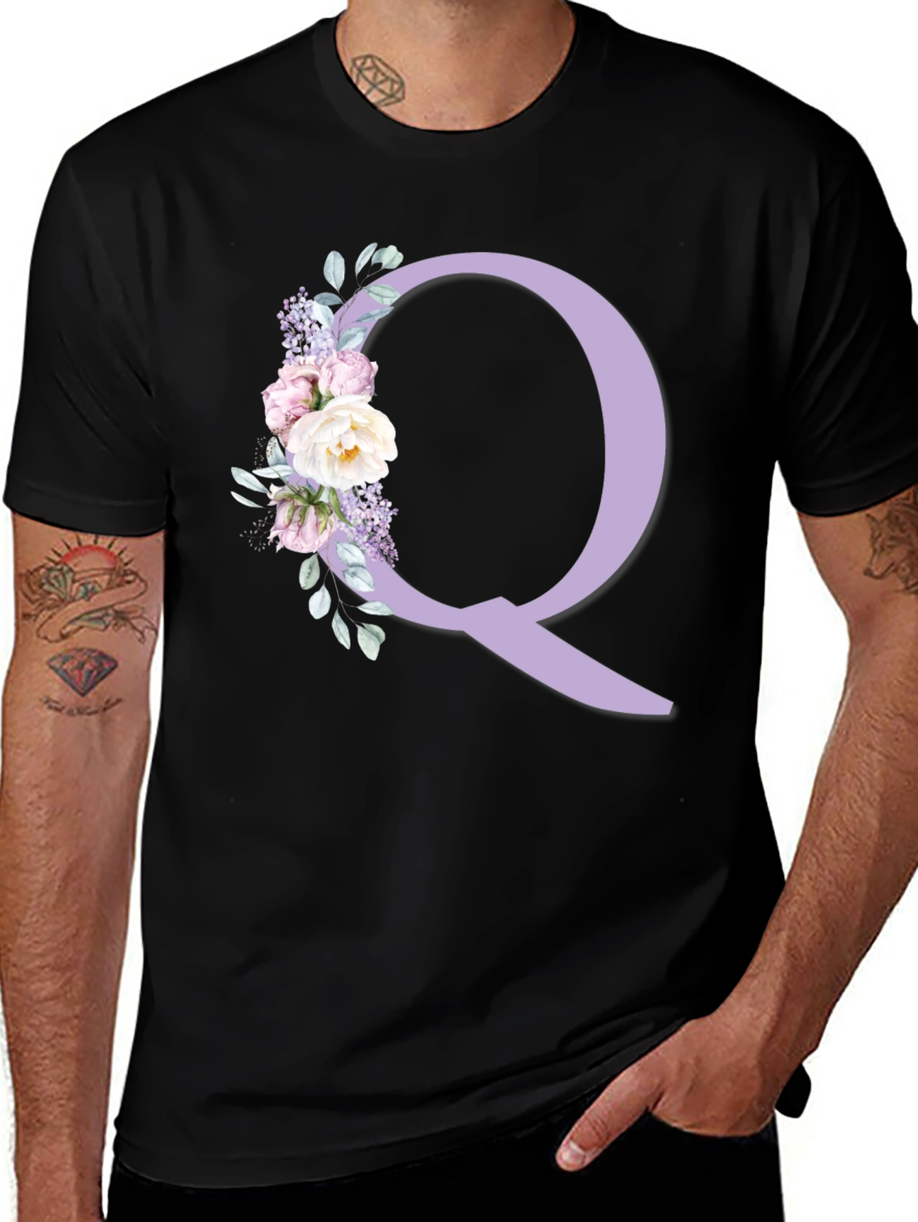 Floral Letter Q Black T-Shirt