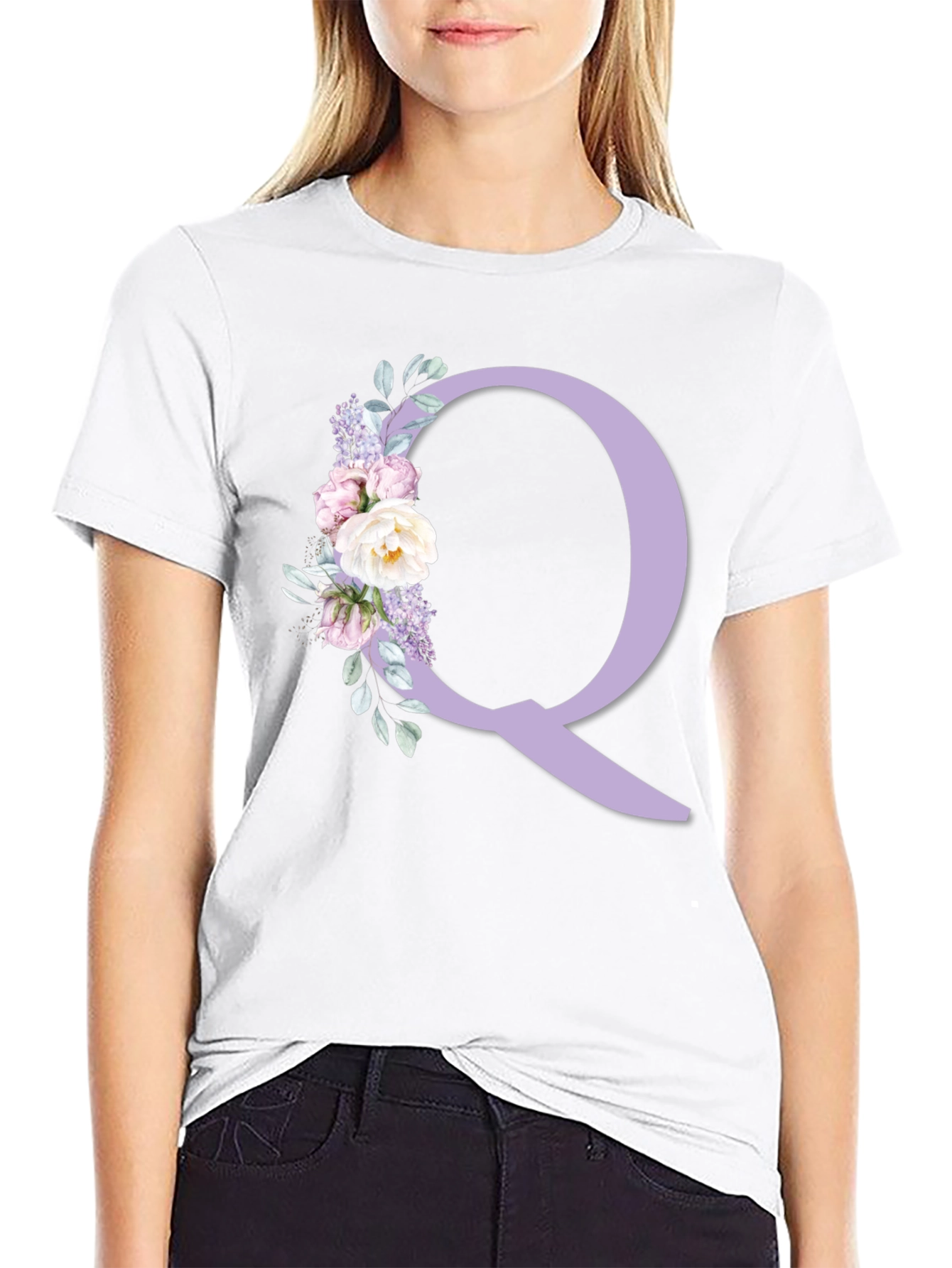 Floral Letter Q Black T-Shirt