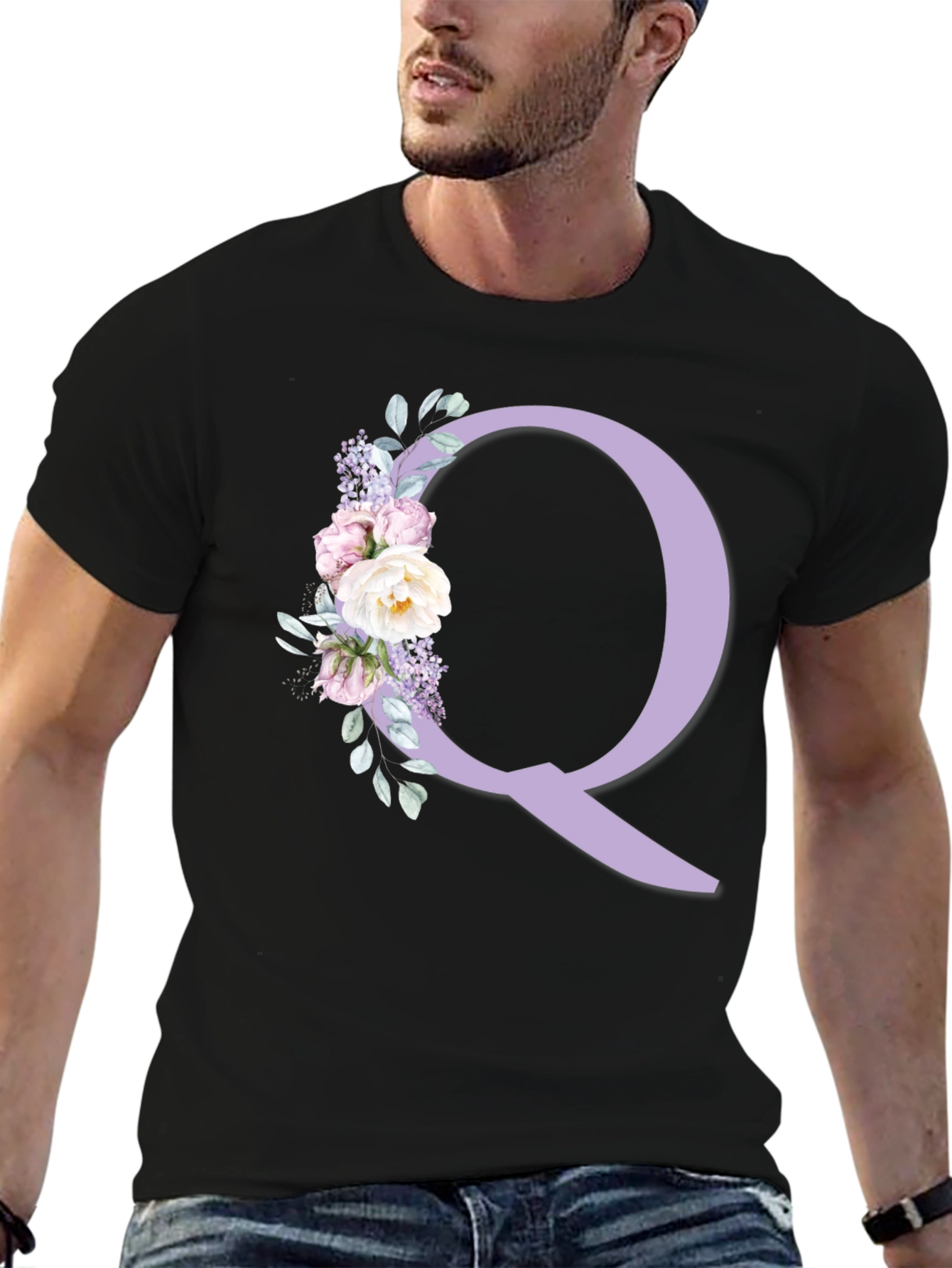 Floral Letter Q Black T-Shirt