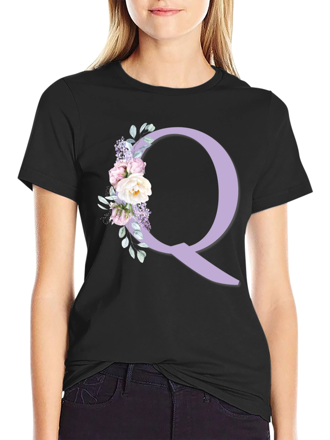 Floral Letter Q Black T-Shirt