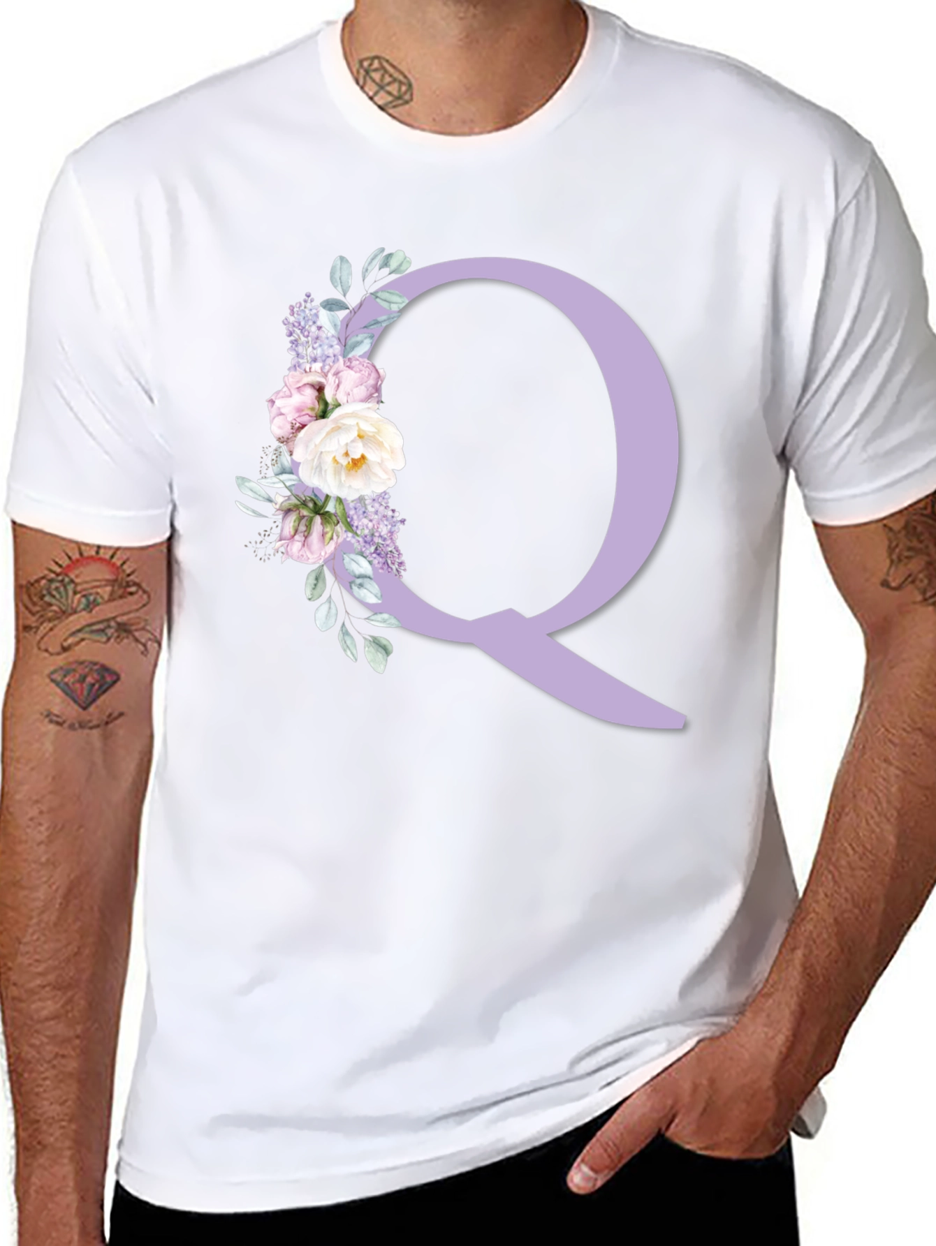 Floral Letter Q Black T-Shirt