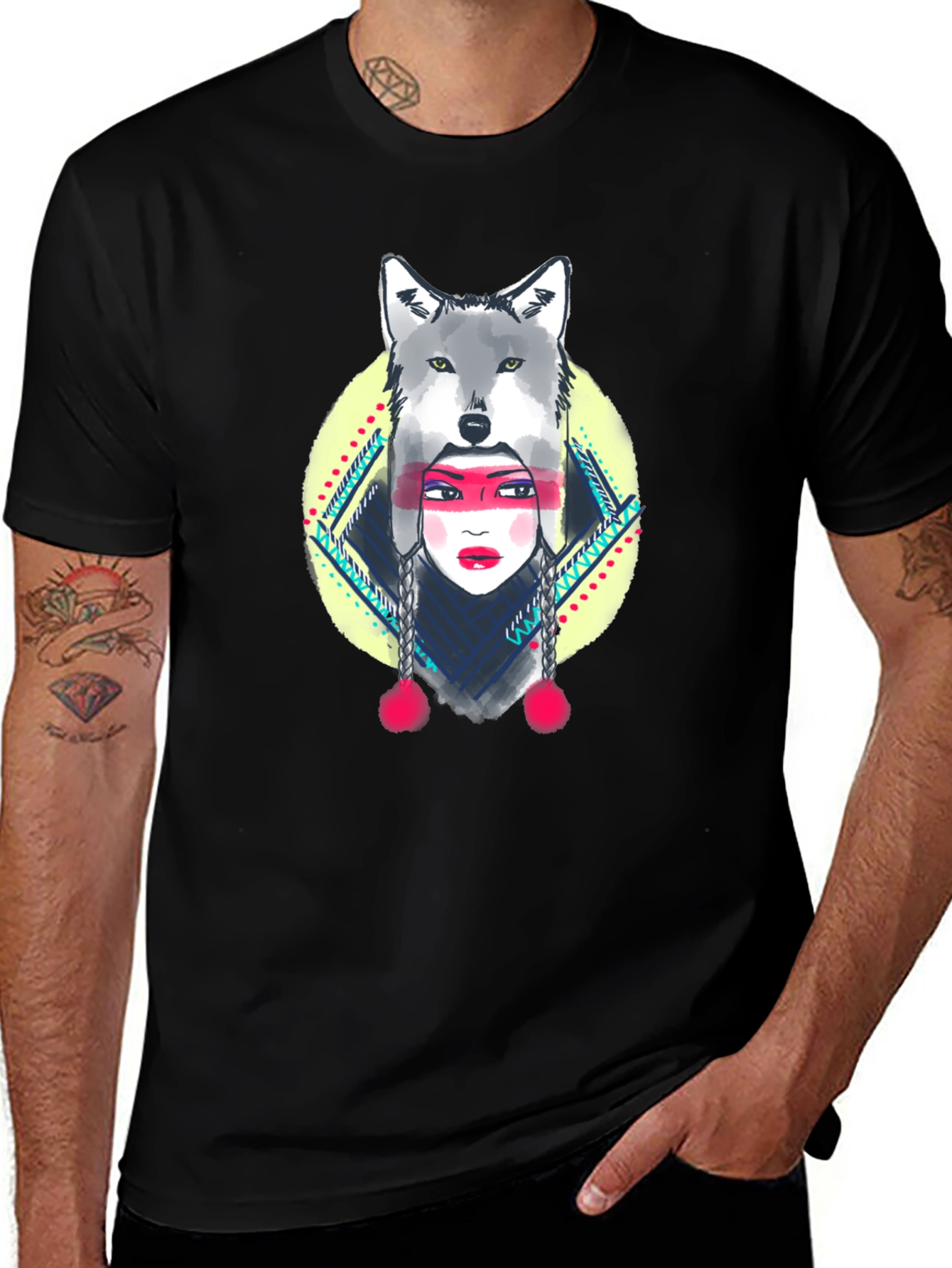 Wolf Headdress Graphic Tee - Black Cotton T-Shirt