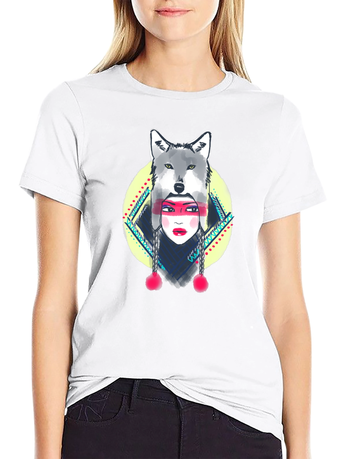 Wolf Headdress Graphic Tee - Black Cotton T-Shirt