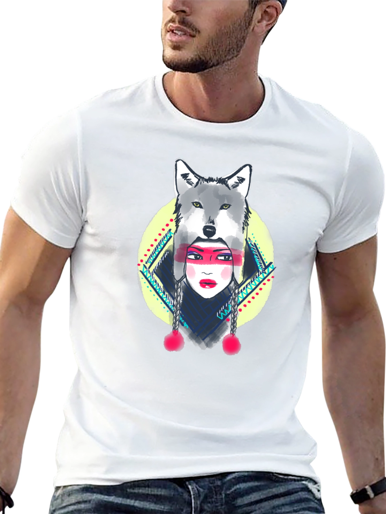 Wolf Headdress Graphic Tee - Black Cotton T-Shirt