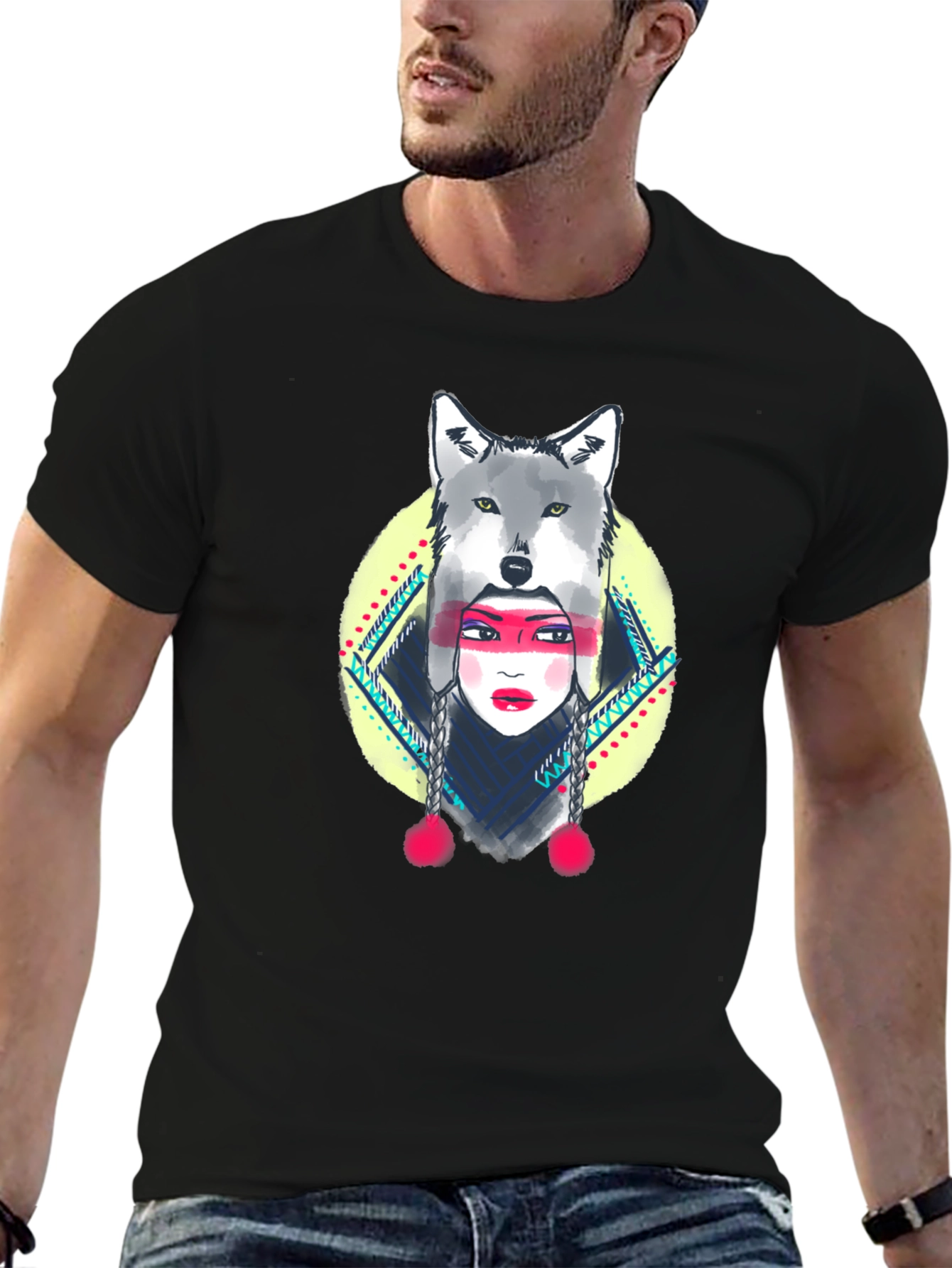 Wolf Headdress Graphic Tee - Black Cotton T-Shirt