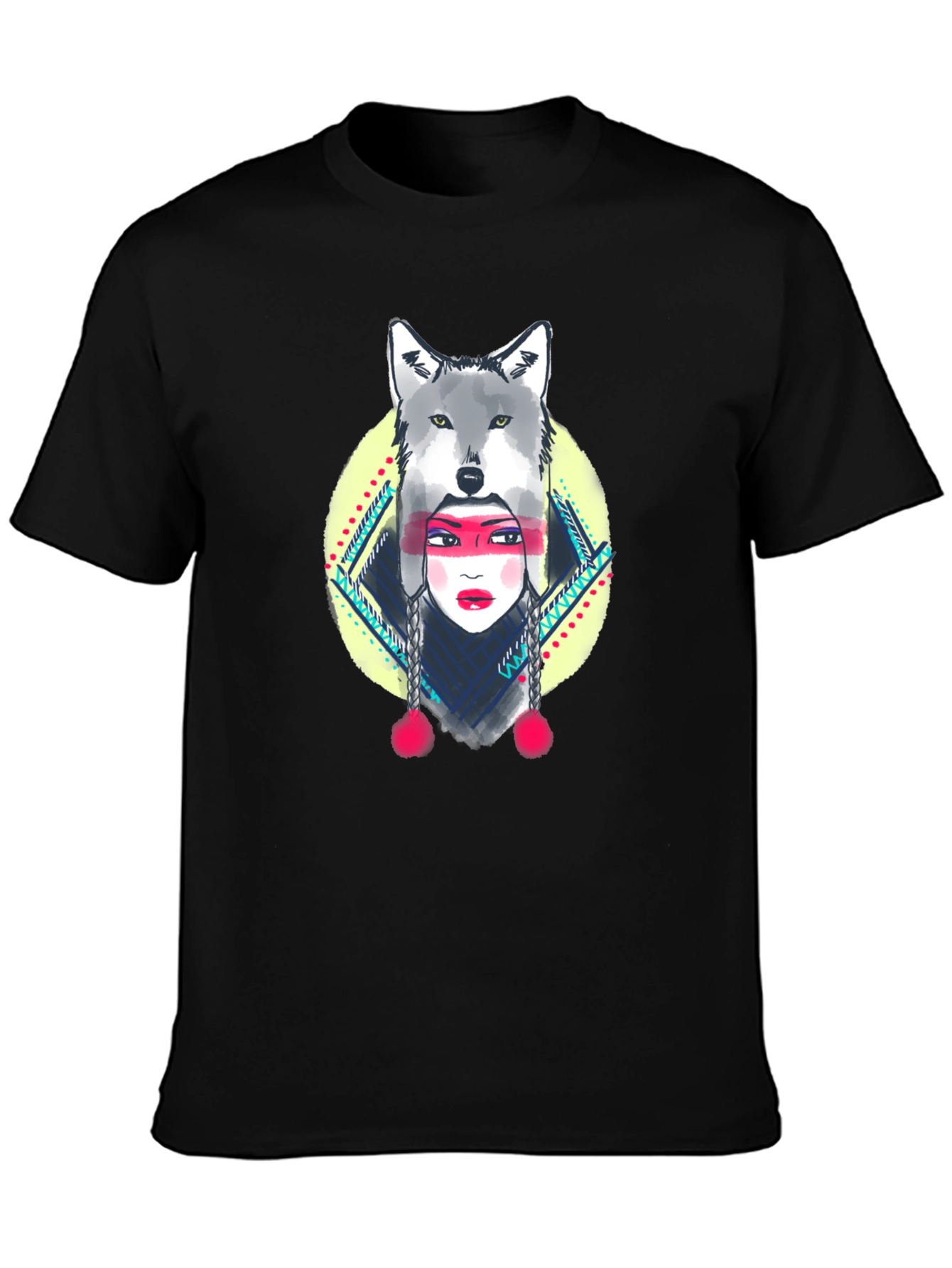 Wolf Headdress Graphic Tee - Black Cotton T-Shirt